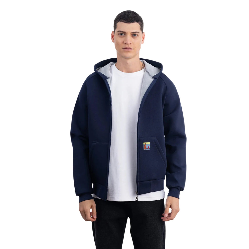 Erkek Lacivert Su İtici Kapüşonlu Flok Sweatshirt Ceket - 3