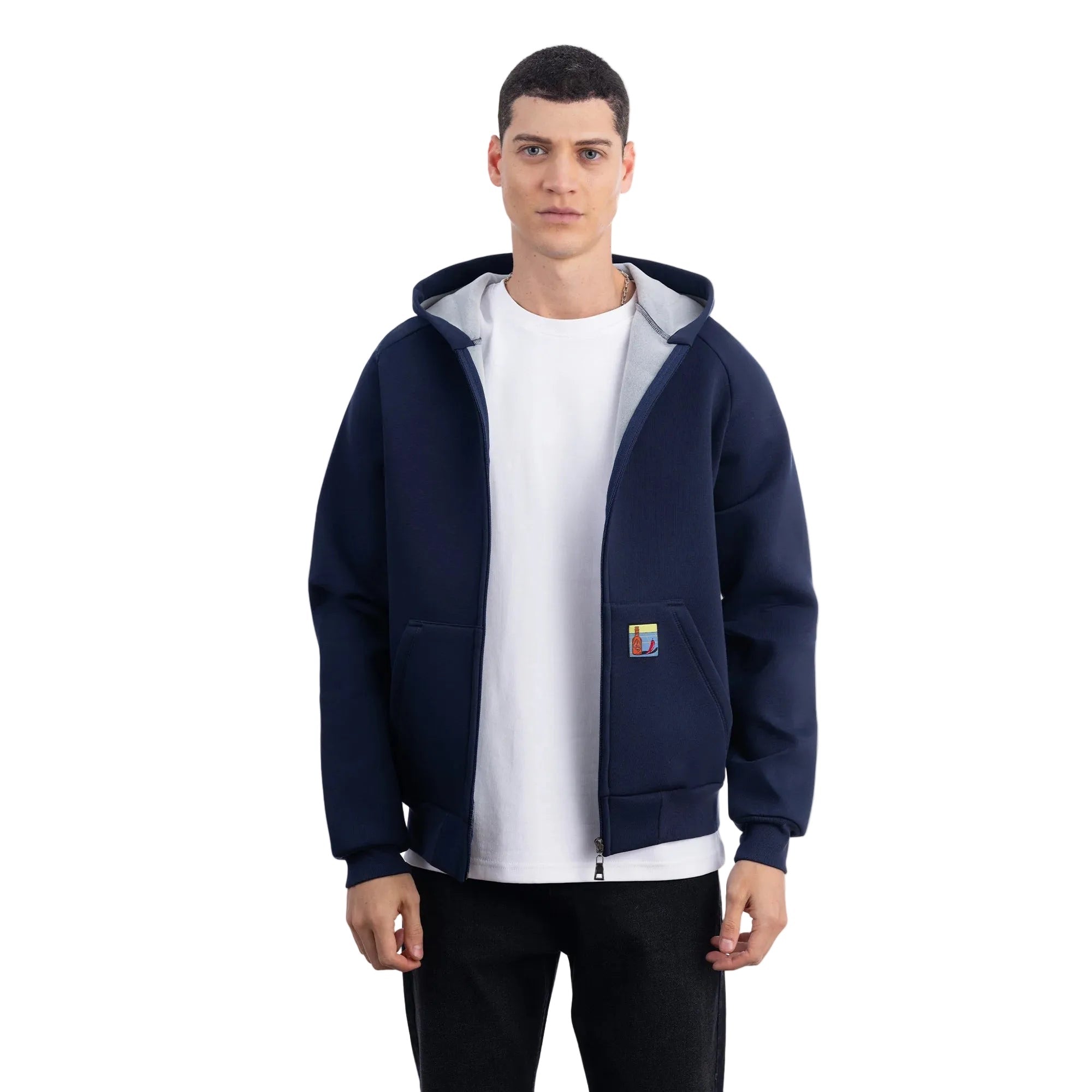 Erkek Lacivert Su İtici Kapüşonlu Flok Sweatshirt Ceket - 3