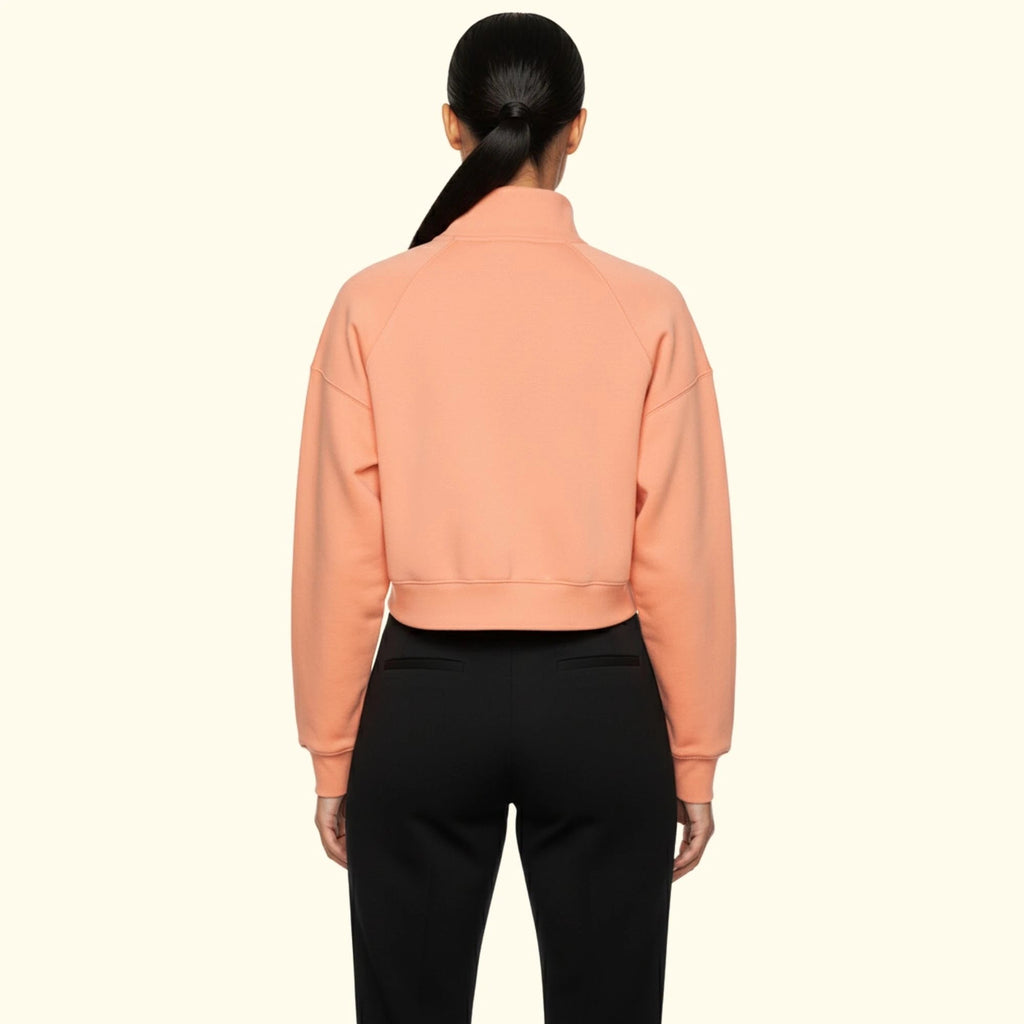 Kadın Somon Yarım Fermuarlı Dik Yaka Crop Sweatshirt - 2