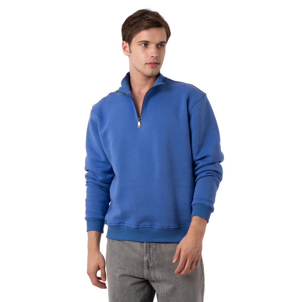Erkek İndigo Yarım Fermuarlı Yakalı Rahat Kalıp Sweatshirt - 8