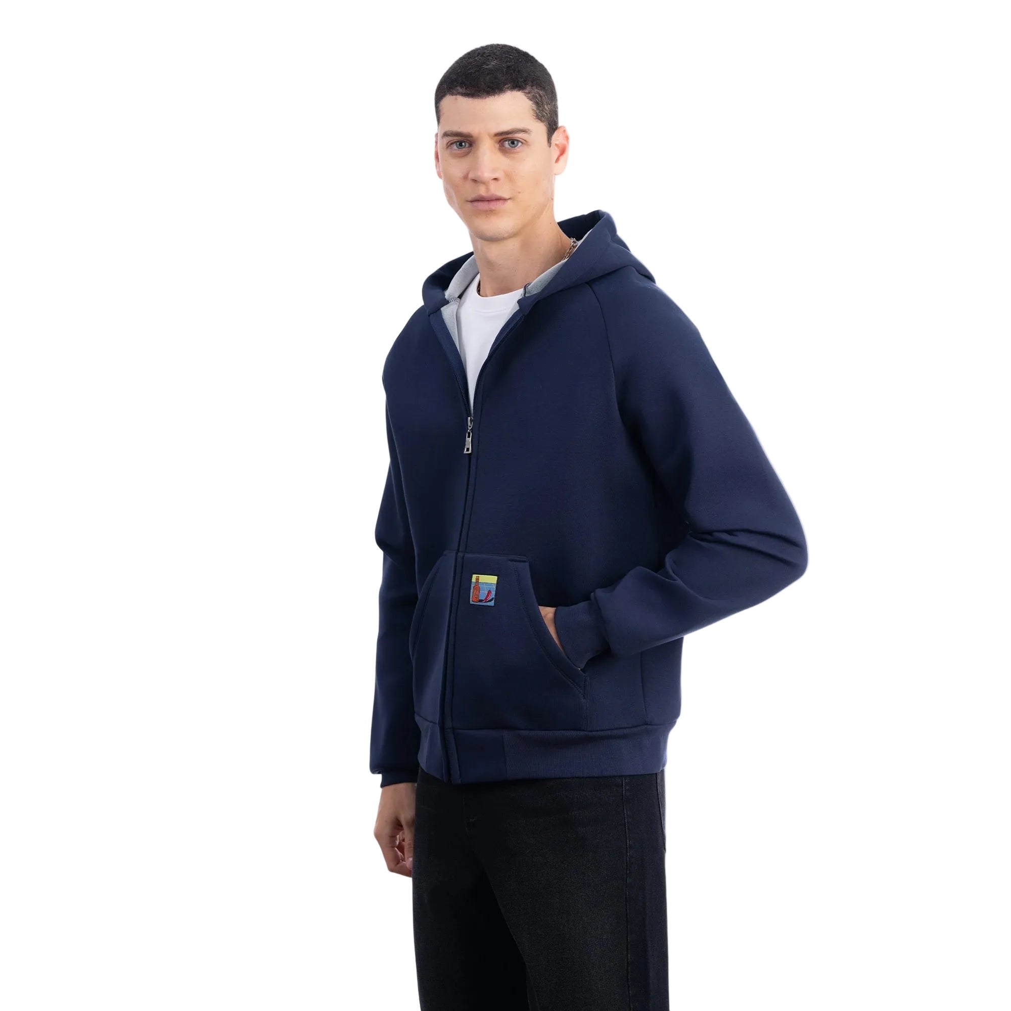 Erkek Lacivert Su İtici Kapüşonlu Flok Sweatshirt Ceket - 4