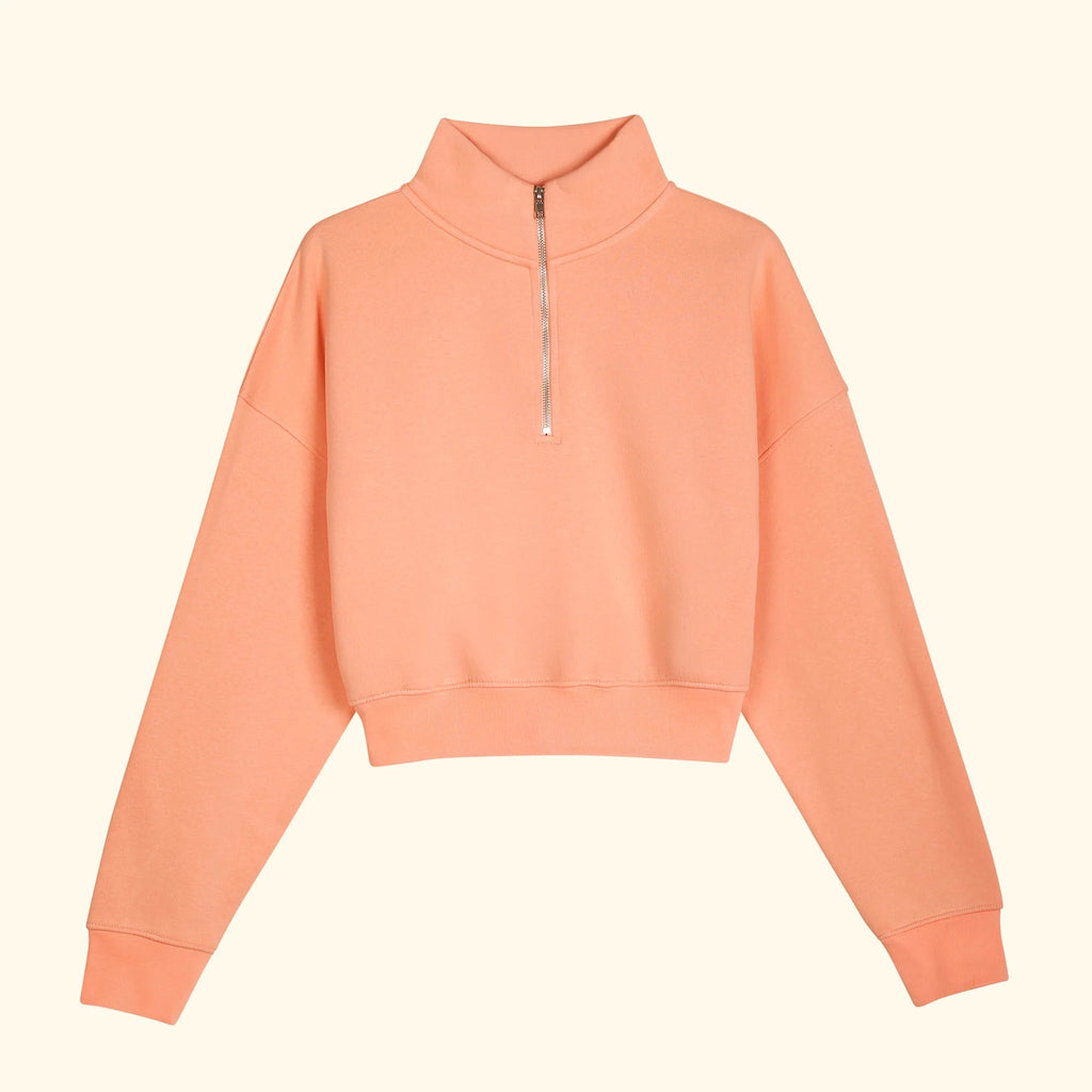Kadın Somon Yarım Fermuarlı Dik Yaka Crop Sweatshirt - 3