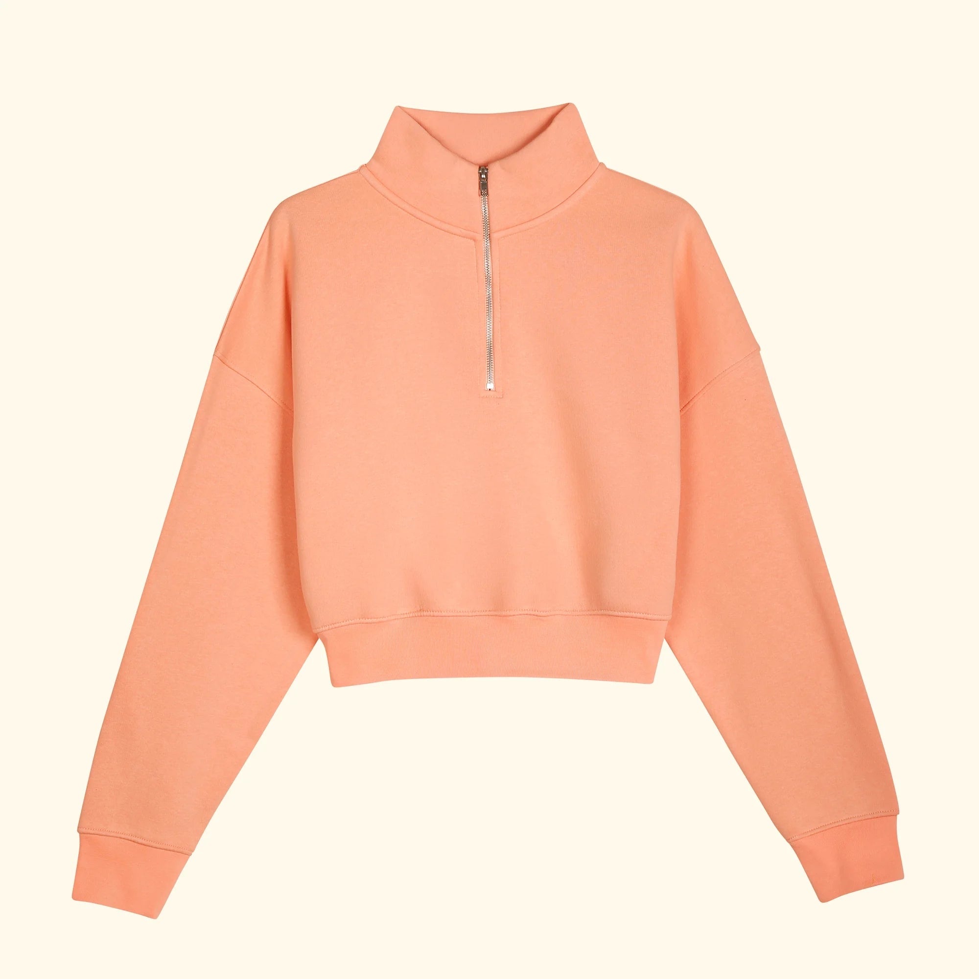 Kadın Somon Yarım Fermuarlı Dik Yaka Crop Sweatshirt - 3