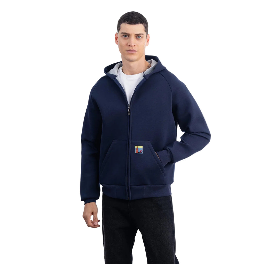 Erkek Lacivert Su İtici Kapüşonlu Flok Sweatshirt Ceket - 5