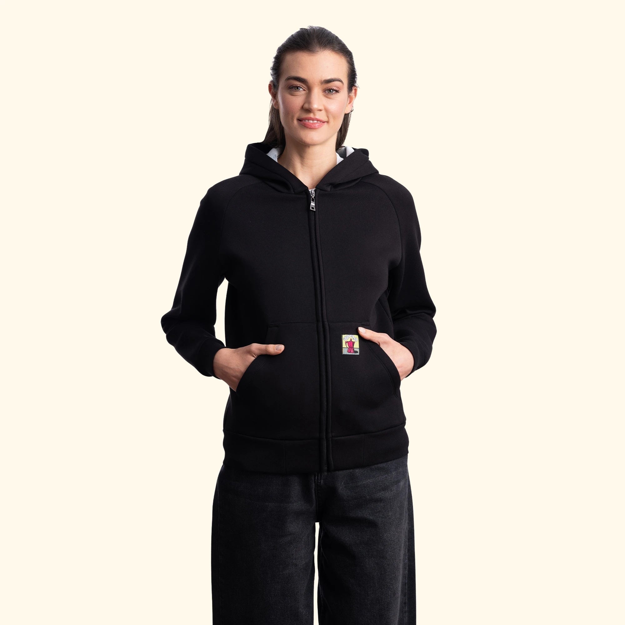 Kadın Siyah Su İtici Flok Kapüşonlu Sweatshirt Ceket