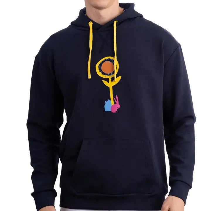 Erkek Lacivert Rabbit Baskılı Kapüşonlu %100 Pamuk Sweatshirt