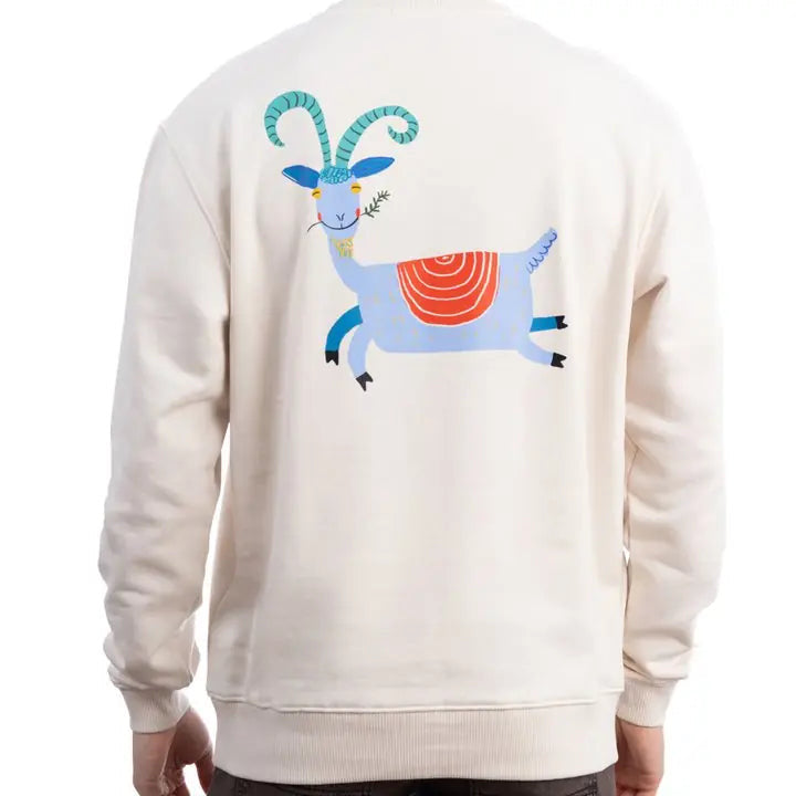 Erkek Ekru Goat Baskılı Oversize Sweatshirt
