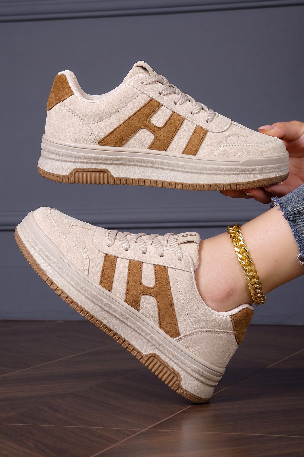 Kadın Sneaker Spor Ayakkabı 2026 - DS Sage - Süet Bej Taba
