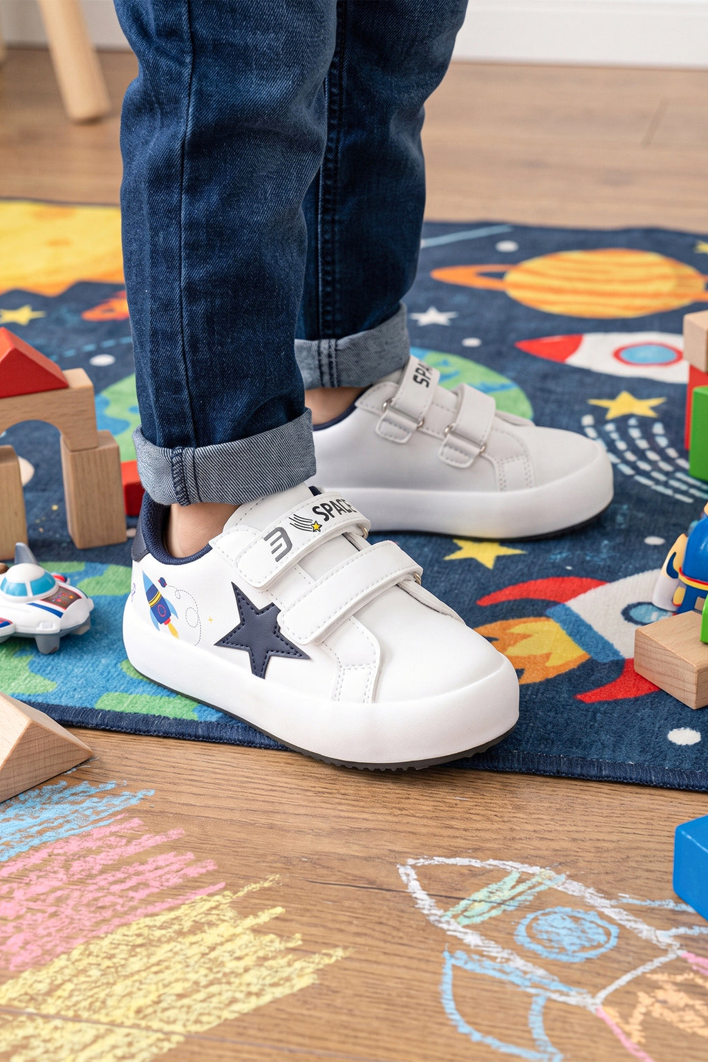 Kids DS Omega Beyaz Laci Çocuk Sneaker Günlük Spor Cırtlı Ayakkabı - Beyaz Lacivert