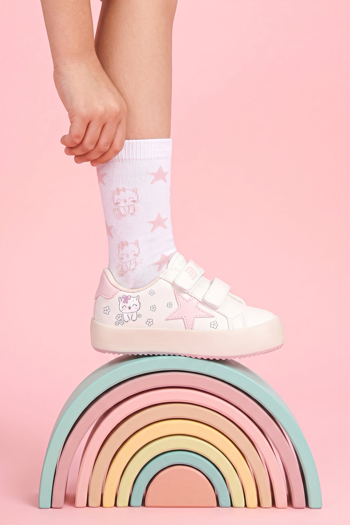 Kids DS Omega Bej Pudra Çocuk Sneaker Günlük Spor Cırtlı Ayakkabı - Bej Pudra