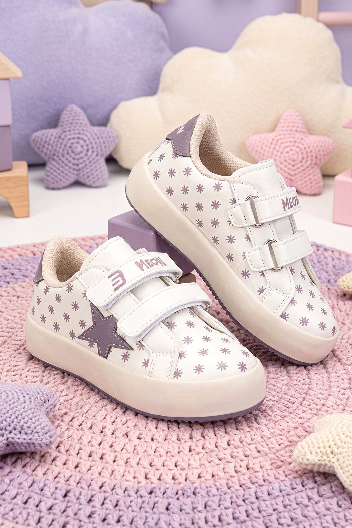 Kids DS Omega Bej Mor Çocuk Sneaker Günlük Spor Cırtlı Ayakkabı - Bej Mor