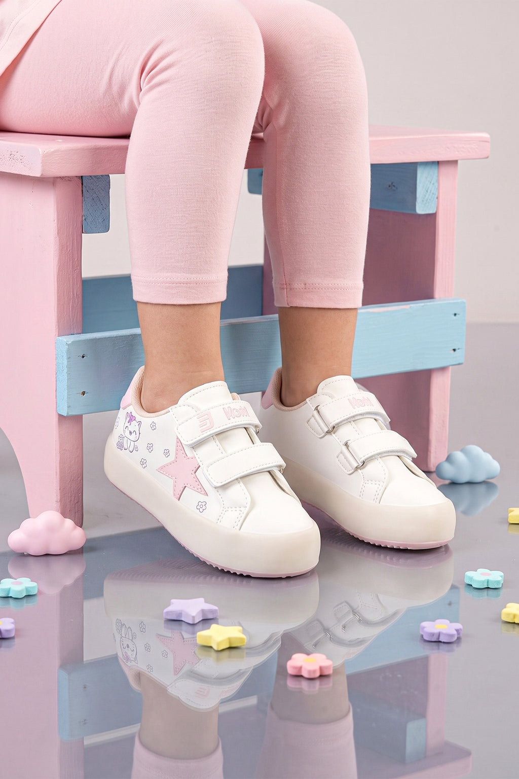 Kids DS Omega Bej Pudra Çocuk Sneaker Günlük Spor Cırtlı Ayakkabı - Bej Pudra