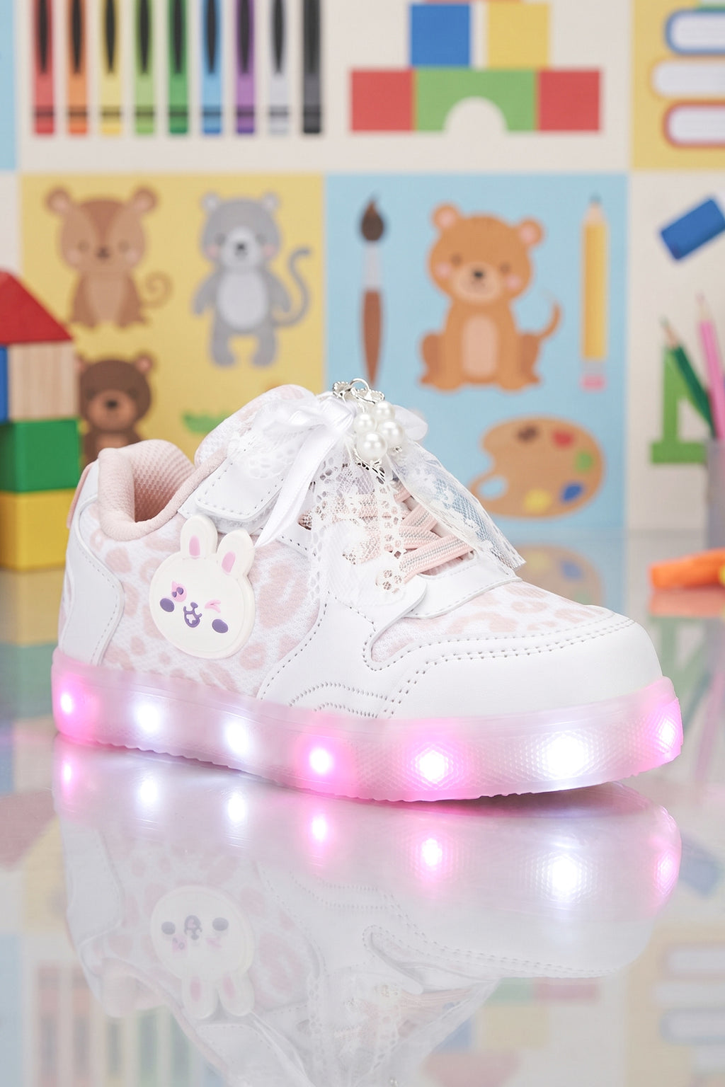 Kids DS Chen Dantel Detaylı Işıklı Çocuk Ayakkabı Beyaz Pudra Sneaker Günlük Spor Ayakkabı