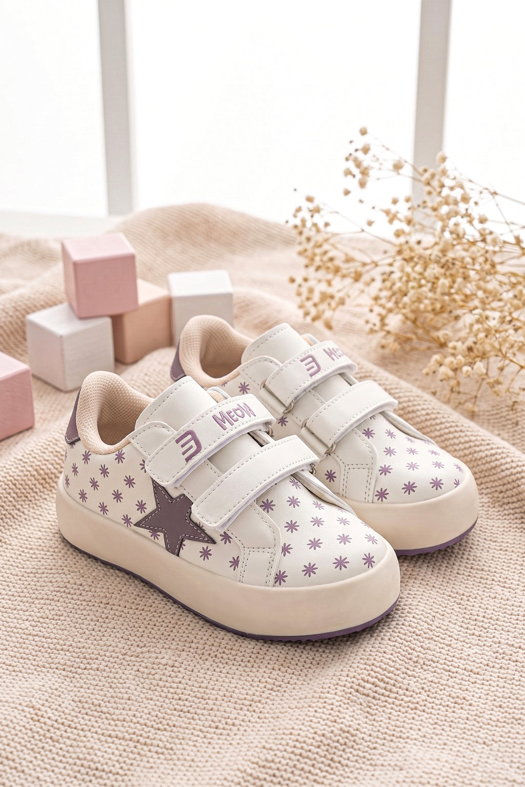 Çocuk Sneaker Günlük Spor Cırtlı Ayakkabı 2026 - Kids DS Omega - Bej Mor