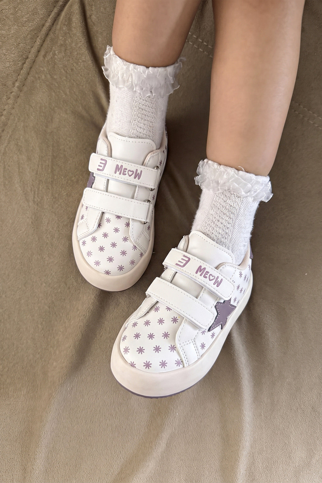 Kids DS Omega Bej Mor Çocuk Sneaker Günlük Spor Cırtlı Ayakkabı - Bej Mor