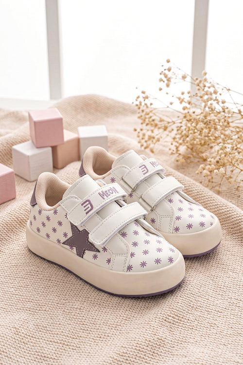 Kids DS Omega Bej Mor Çocuk Sneaker Günlük Spor Cırtlı Ayakkabı - Bej Mor