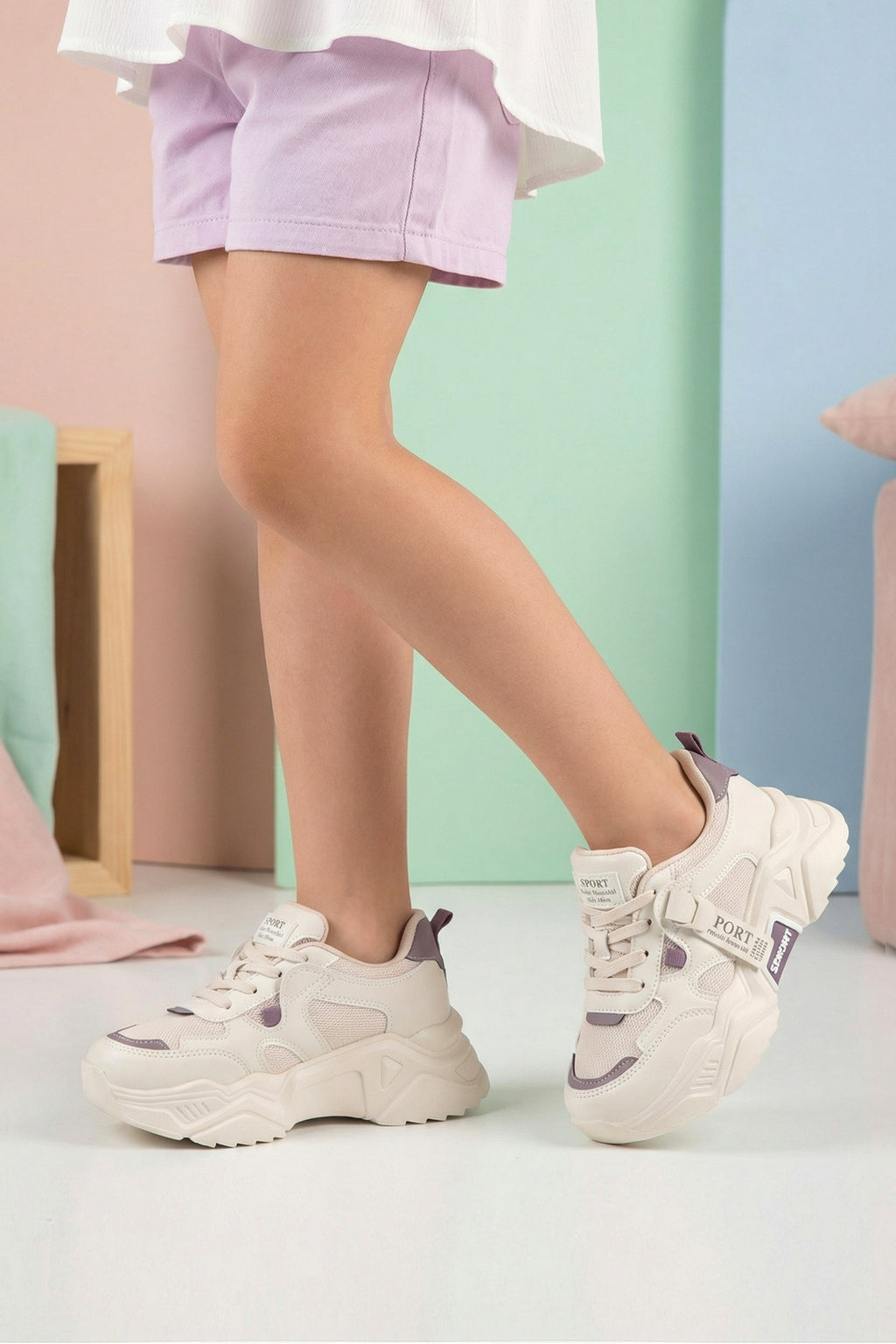 Kids DS 2051 Bej Mor Çocuk Sneaker Günlük Spor Ayakkabı