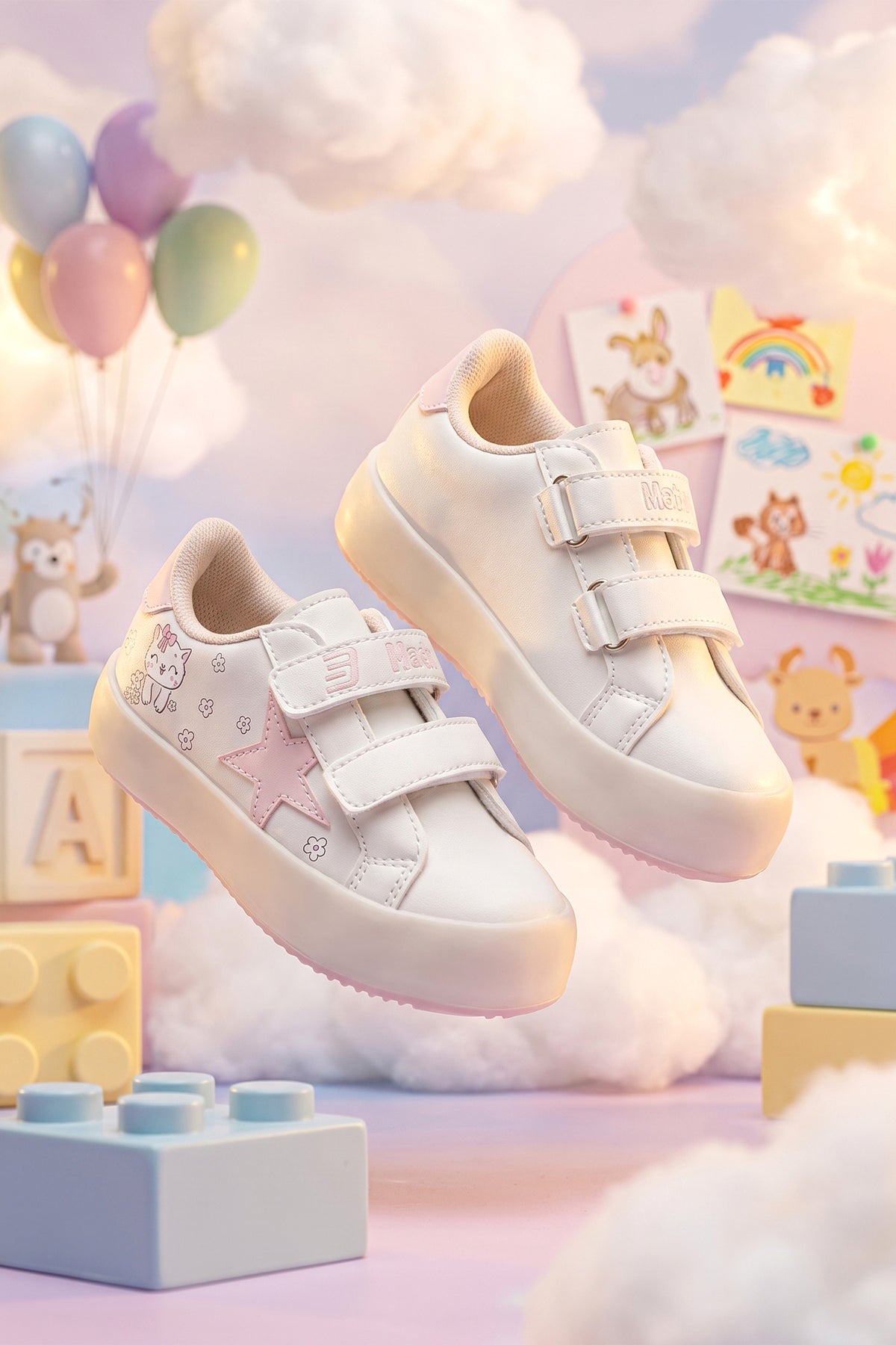 Kids DS Omega Bej Pudra Çocuk Sneaker Günlük Spor Cırtlı Ayakkabı - Bej Pudra