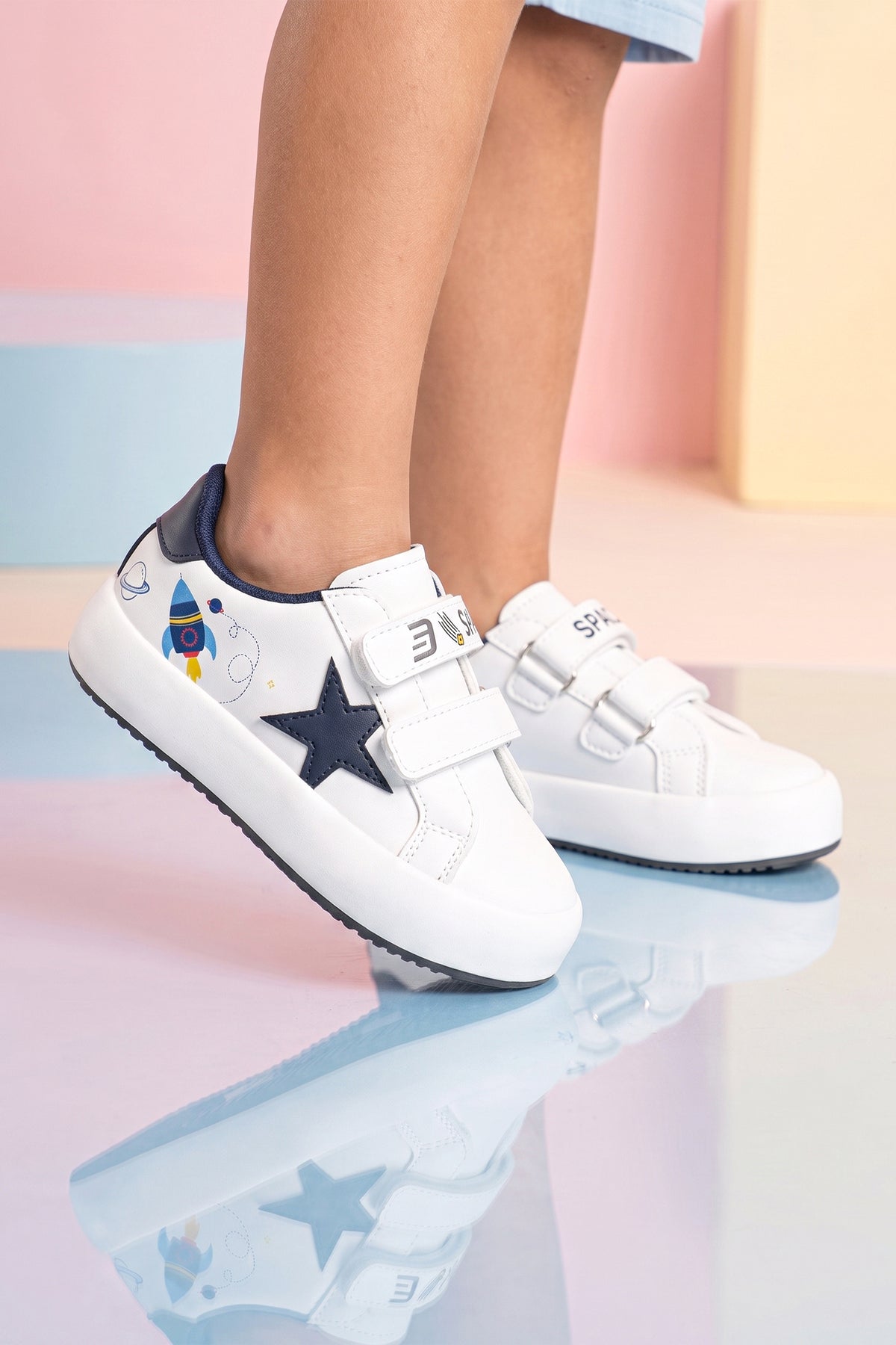 Kids DS Omega Beyaz Laci Çocuk Sneaker Günlük Spor Cırtlı Ayakkabı - Beyaz Lacivert