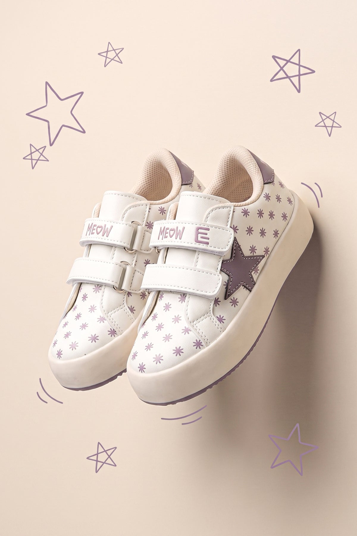 Kids DS Omega Bej Mor Çocuk Sneaker Günlük Spor Cırtlı Ayakkabı - Bej Mor