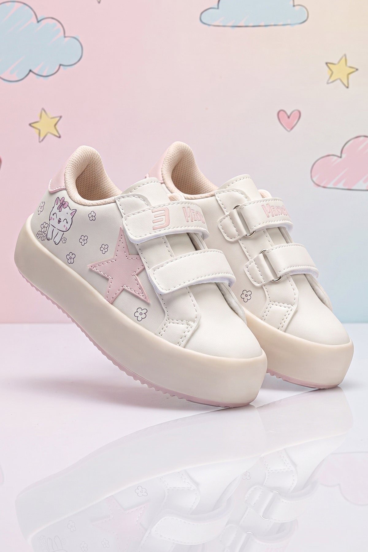 Kids DS Omega Bej Pudra Çocuk Sneaker Günlük Spor Cırtlı Ayakkabı - Bej Pudra