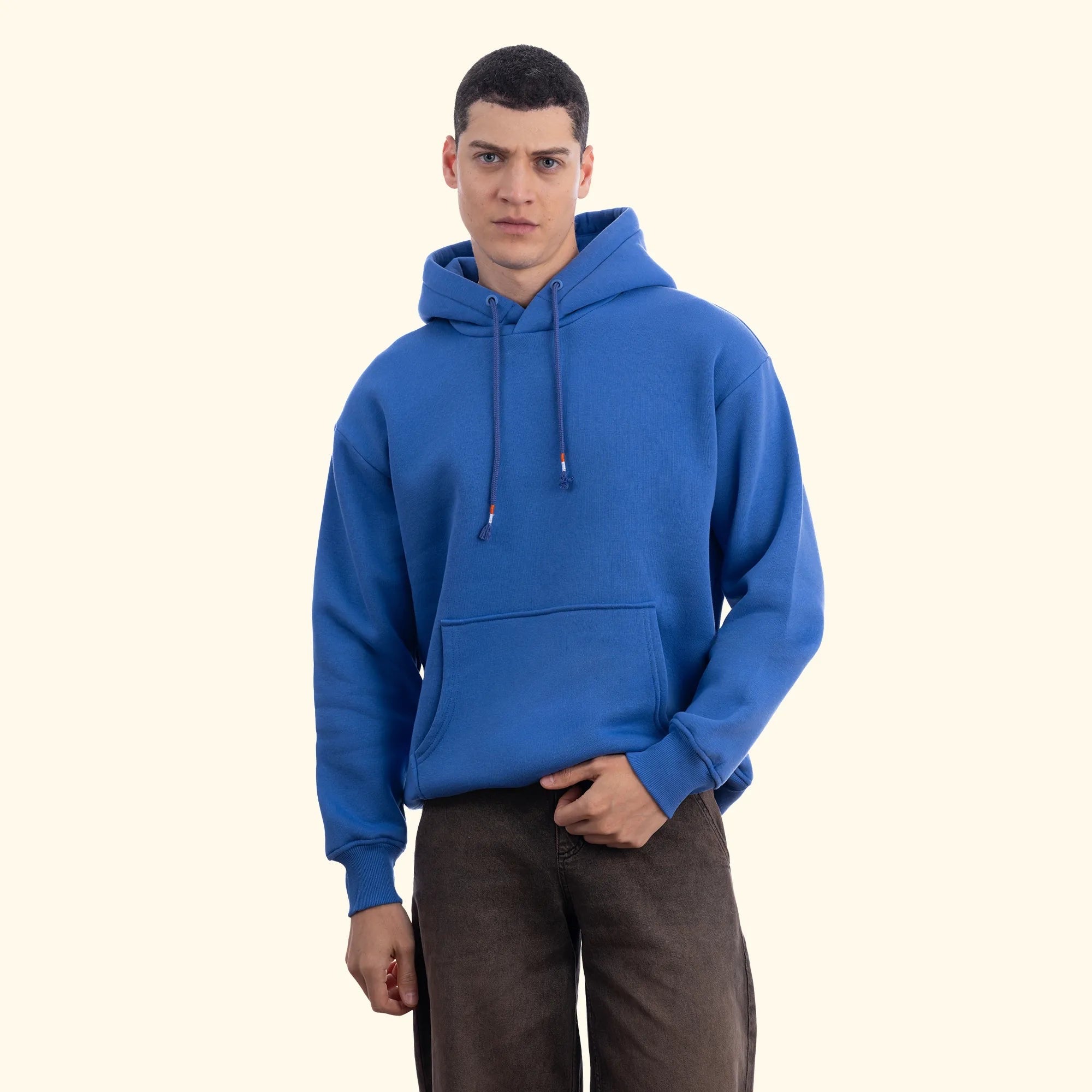 Erkek İndigo Kapüşonlu Kanguru Cepli Basic Sweatshirt Hoodie