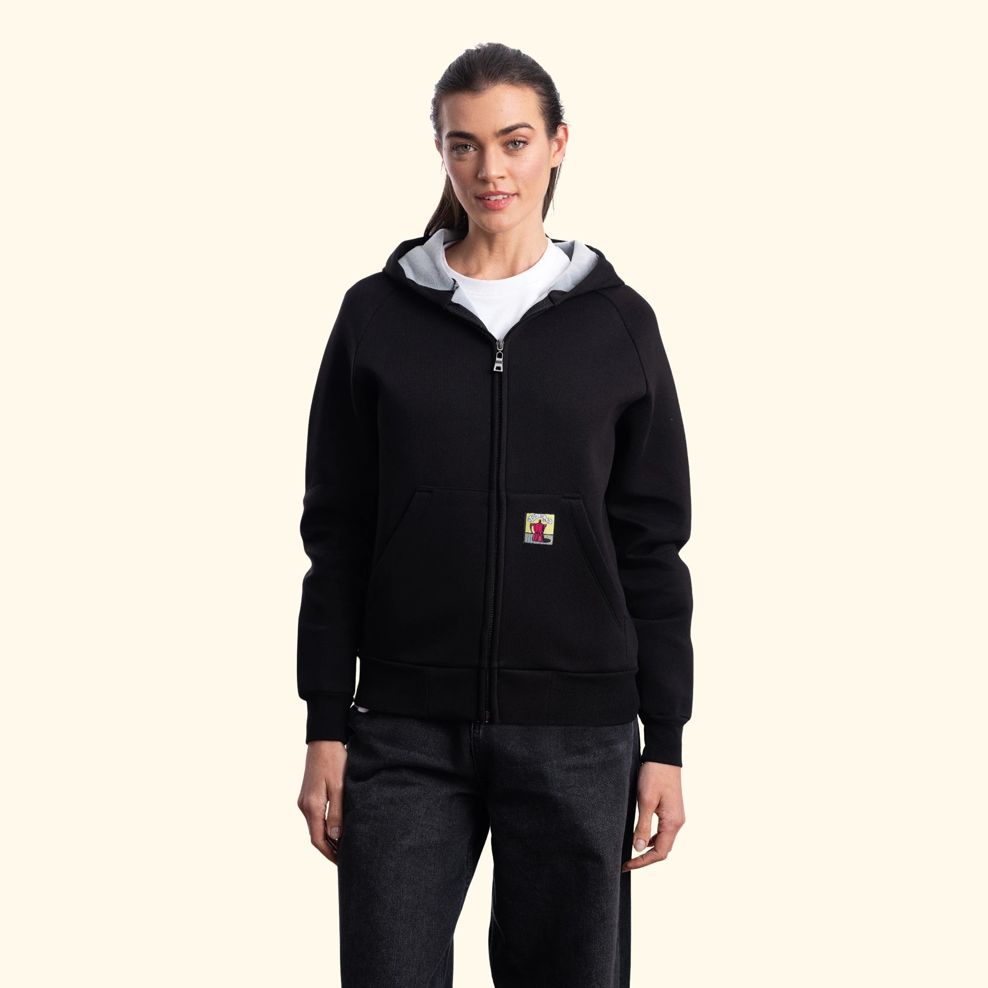 Kadın Siyah Su İtici Flok Kapüşonlu Sweatshirt Ceket - 2