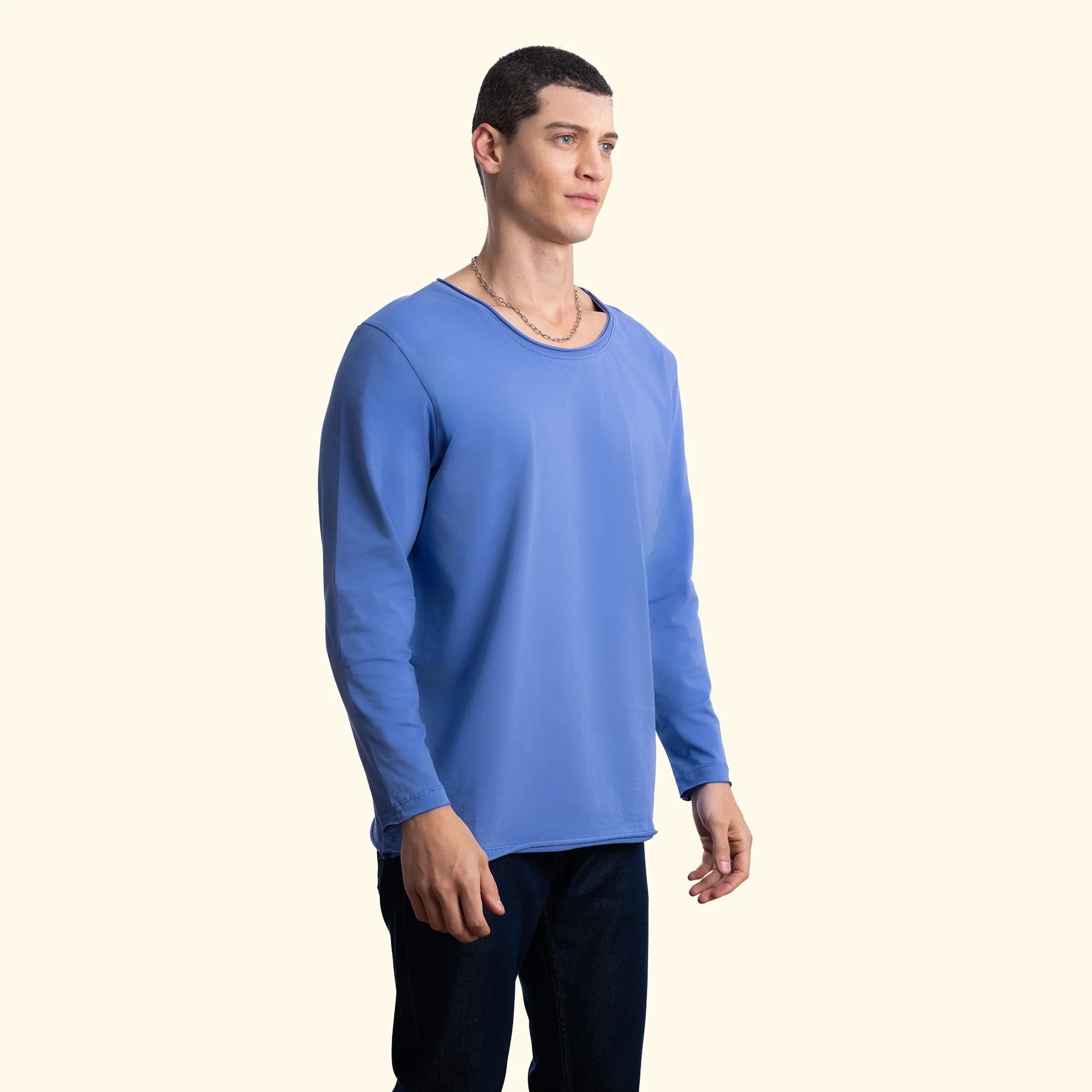 Erkek İndigo %100 Pamuk Kesik Yaka Basic Regular Fit Sweatshirt - 4