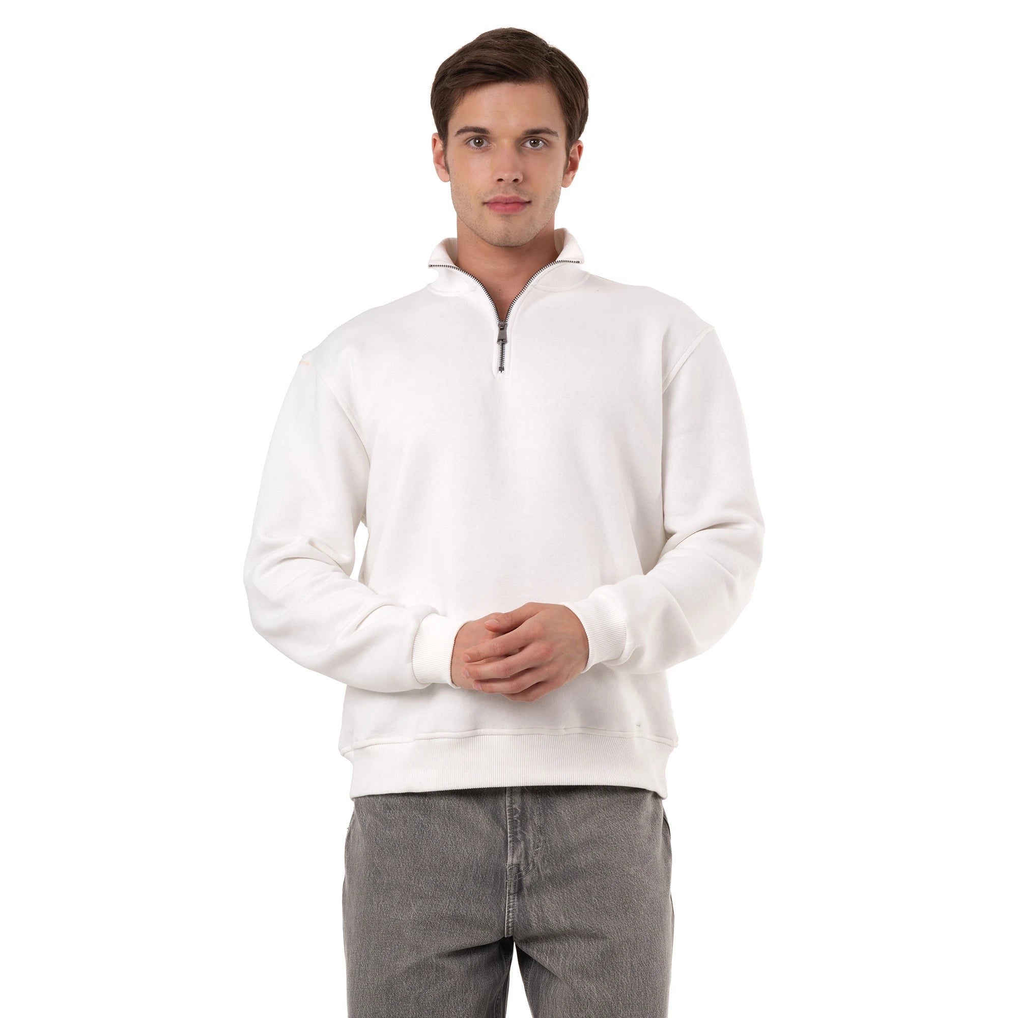 Erkek Ekru Yarım Fermuarlı Yakalı Rahat Kalıp Sweatshirt