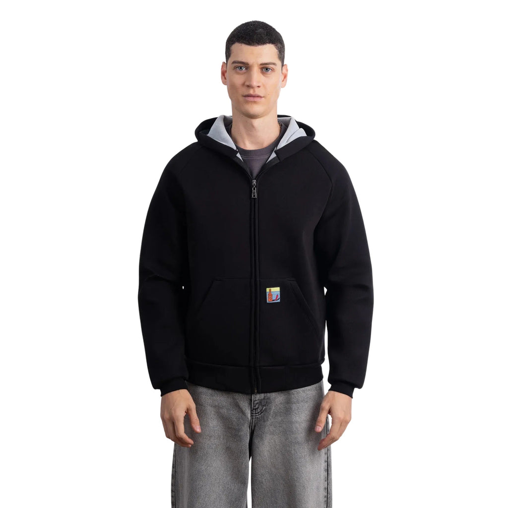 Erkek Siyah Su İtici Kapüşonlu Flok Sweatshirt Ceket