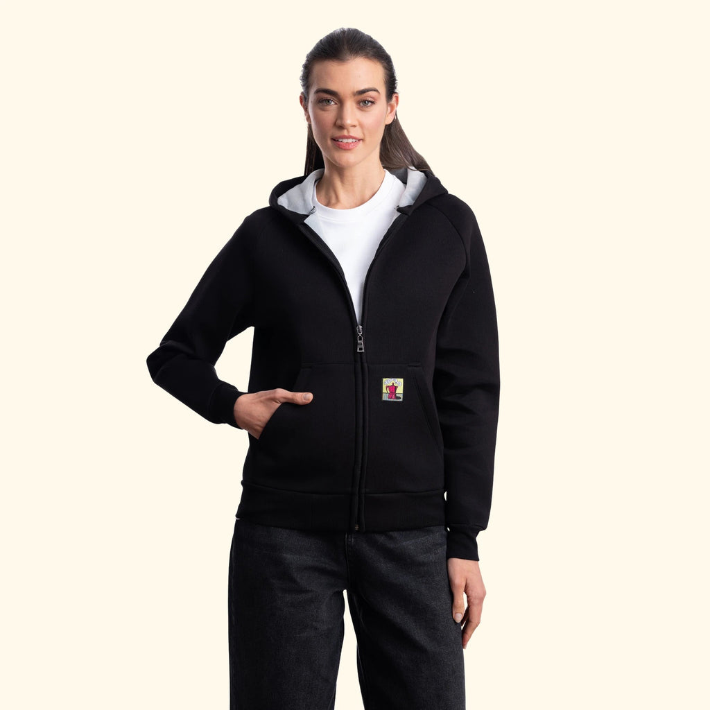 Kadın Siyah Su İtici Flok Kapüşonlu Sweatshirt Ceket - 4