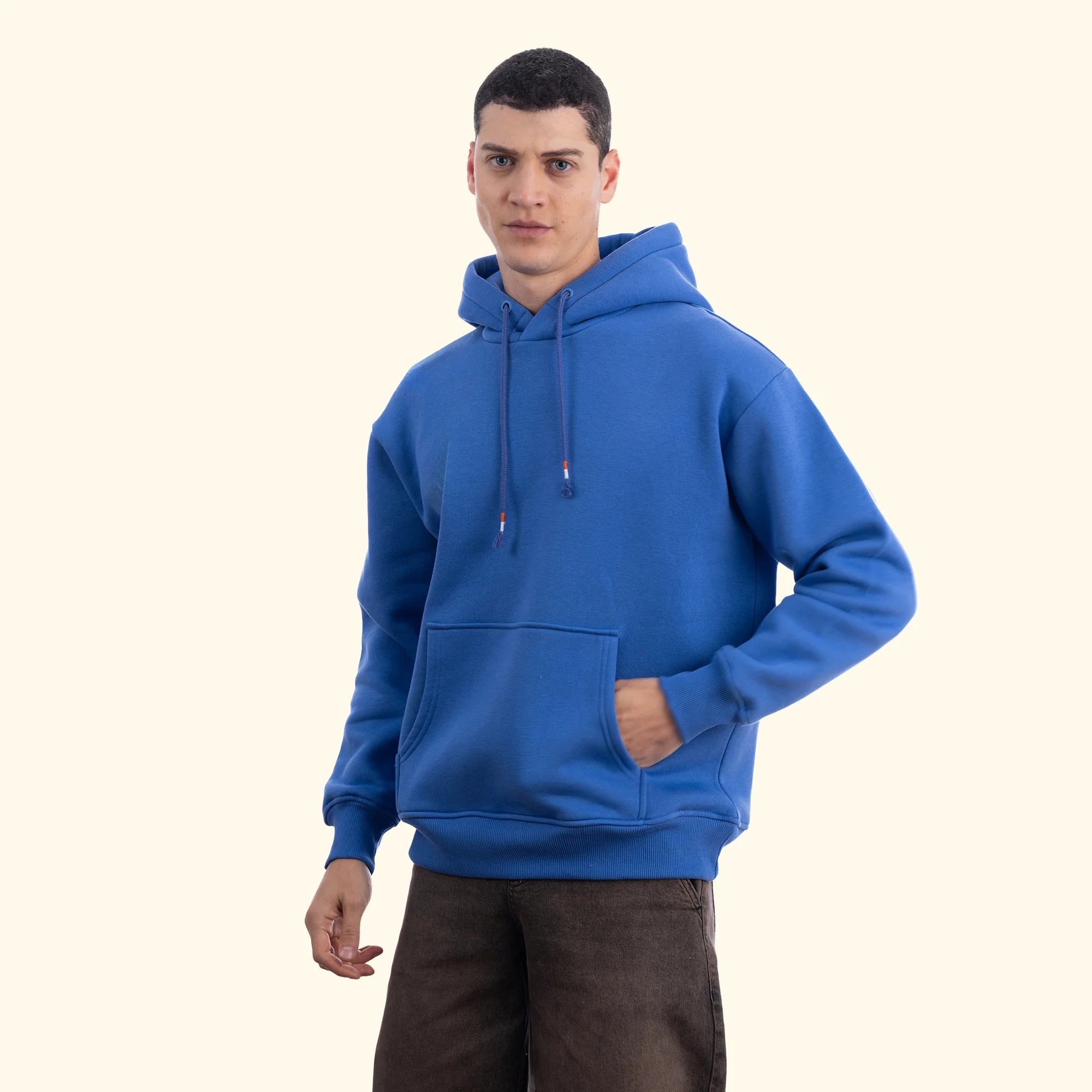 Erkek İndigo Kapüşonlu Kanguru Cepli Basic Sweatshirt Hoodie - 3