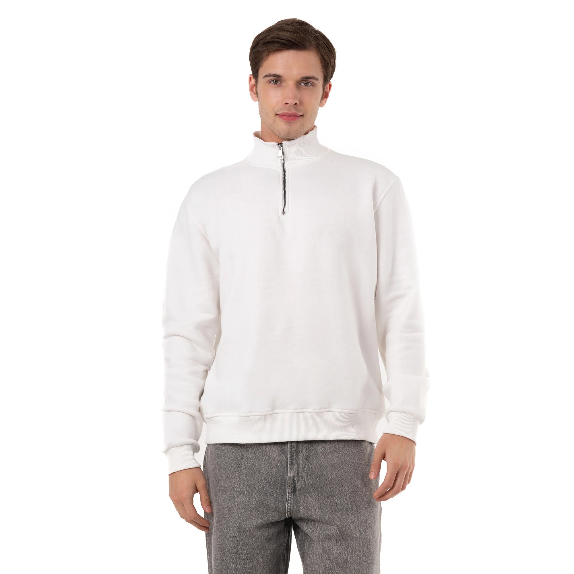 Erkek Ekru Yarım Fermuarlı Yakalı Rahat Kalıp Sweatshirt - 2