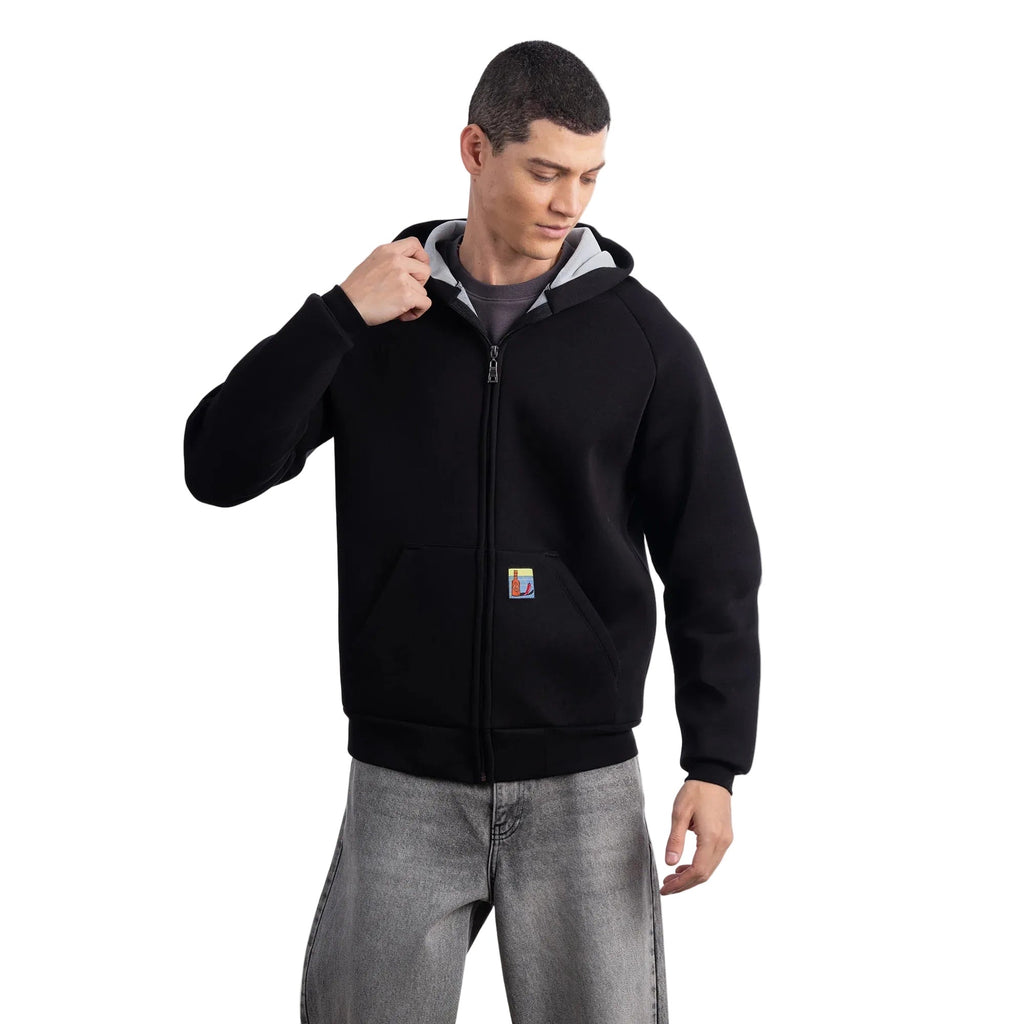 Erkek Siyah Su İtici Kapüşonlu Flok Sweatshirt Ceket - 2
