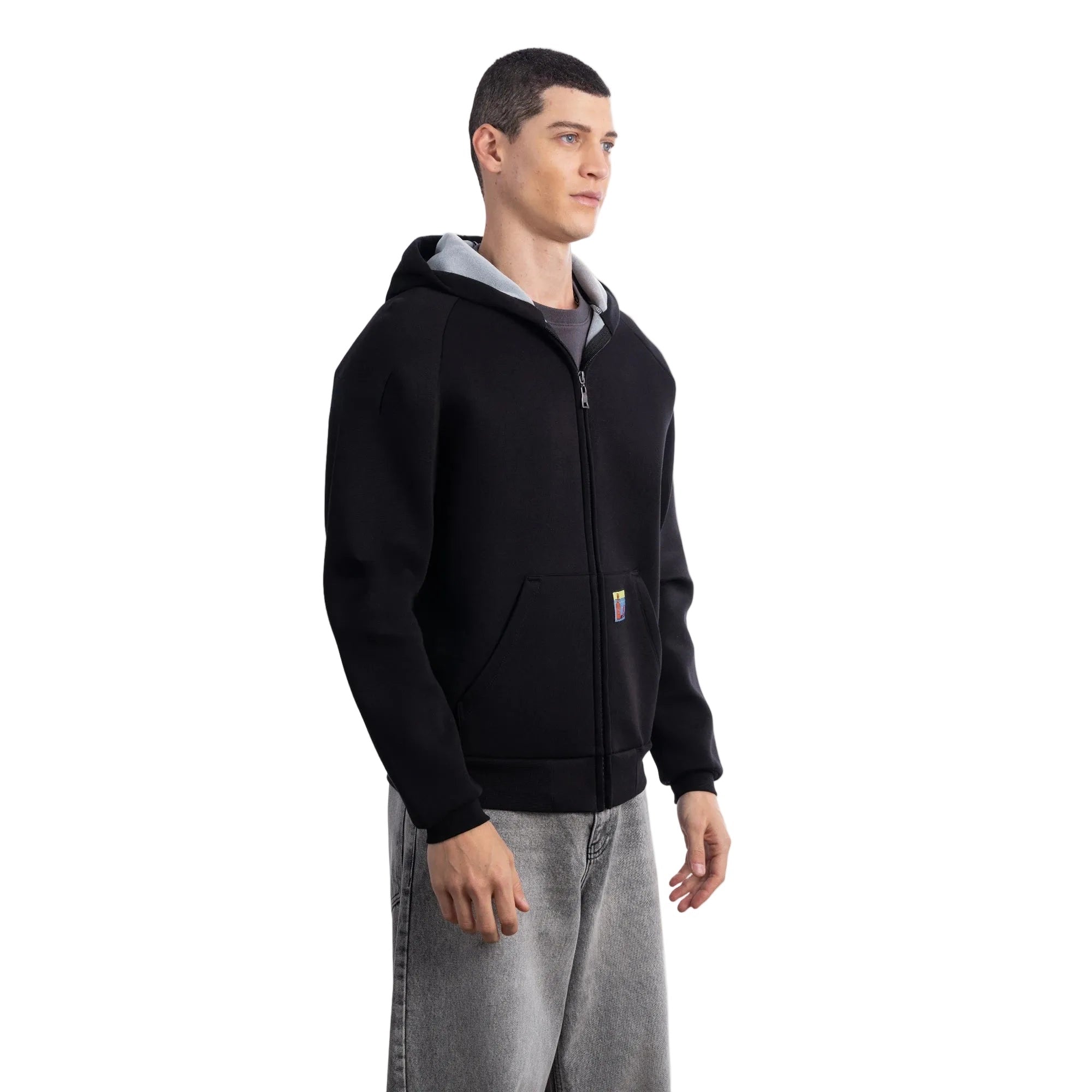 Erkek Siyah Su İtici Kapüşonlu Flok Sweatshirt Ceket - 3