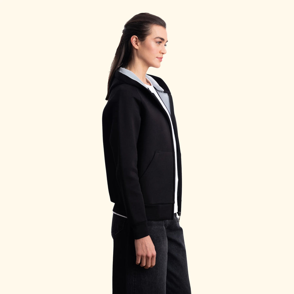 Kadın Siyah Su İtici Flok Kapüşonlu Sweatshirt Ceket - 5