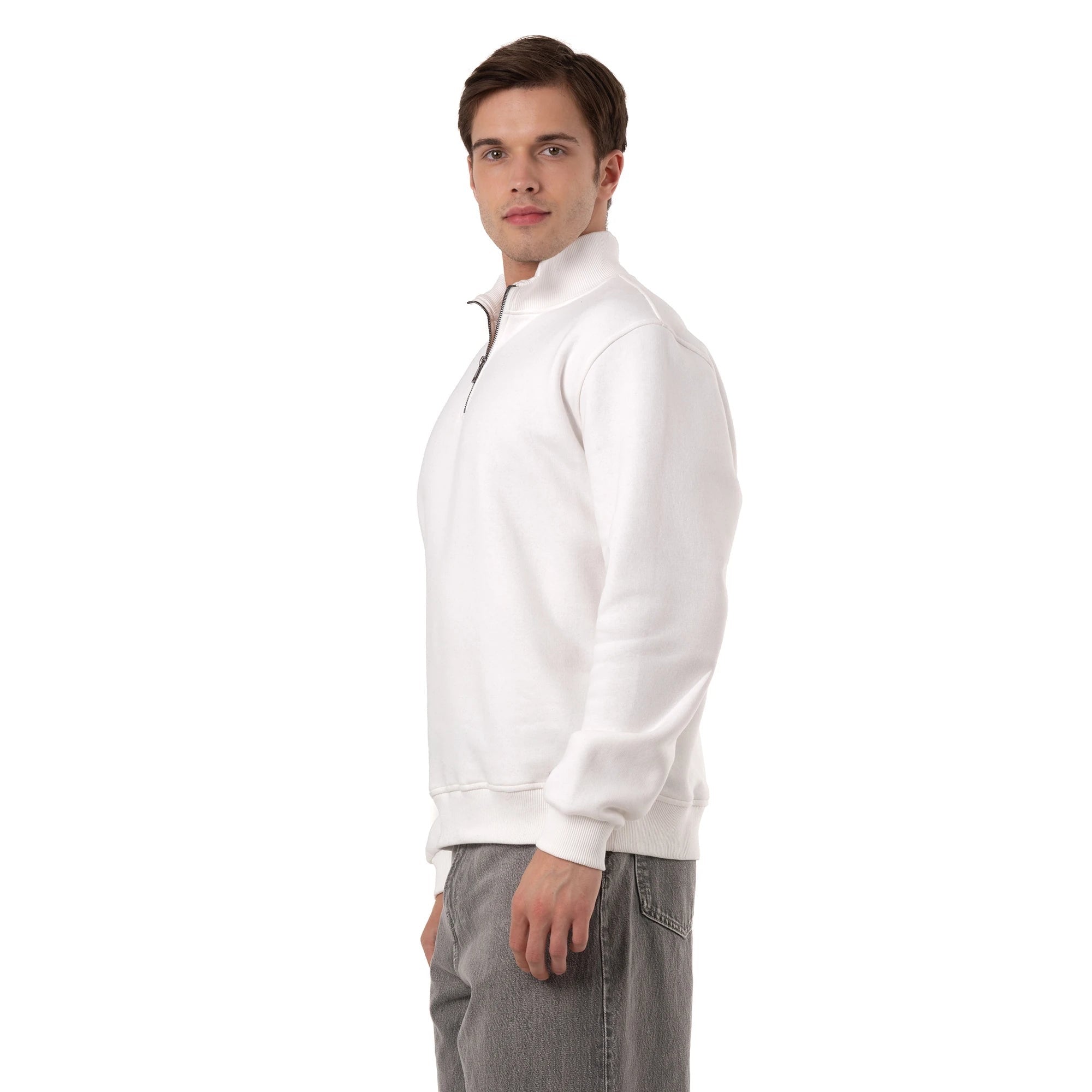 Erkek Ekru Yarım Fermuarlı Yakalı Rahat Kalıp Sweatshirt - 4