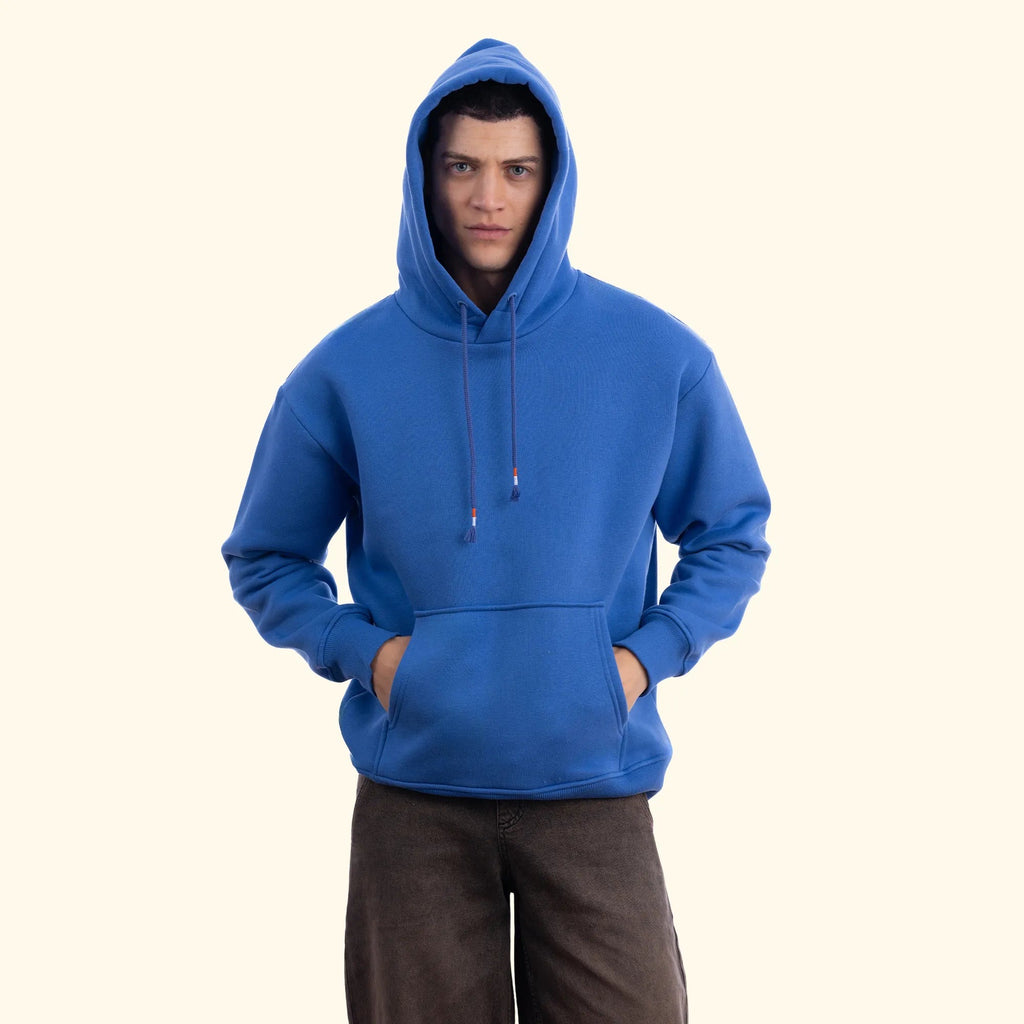 Erkek İndigo Kapüşonlu Kanguru Cepli Basic Sweatshirt Hoodie - 5