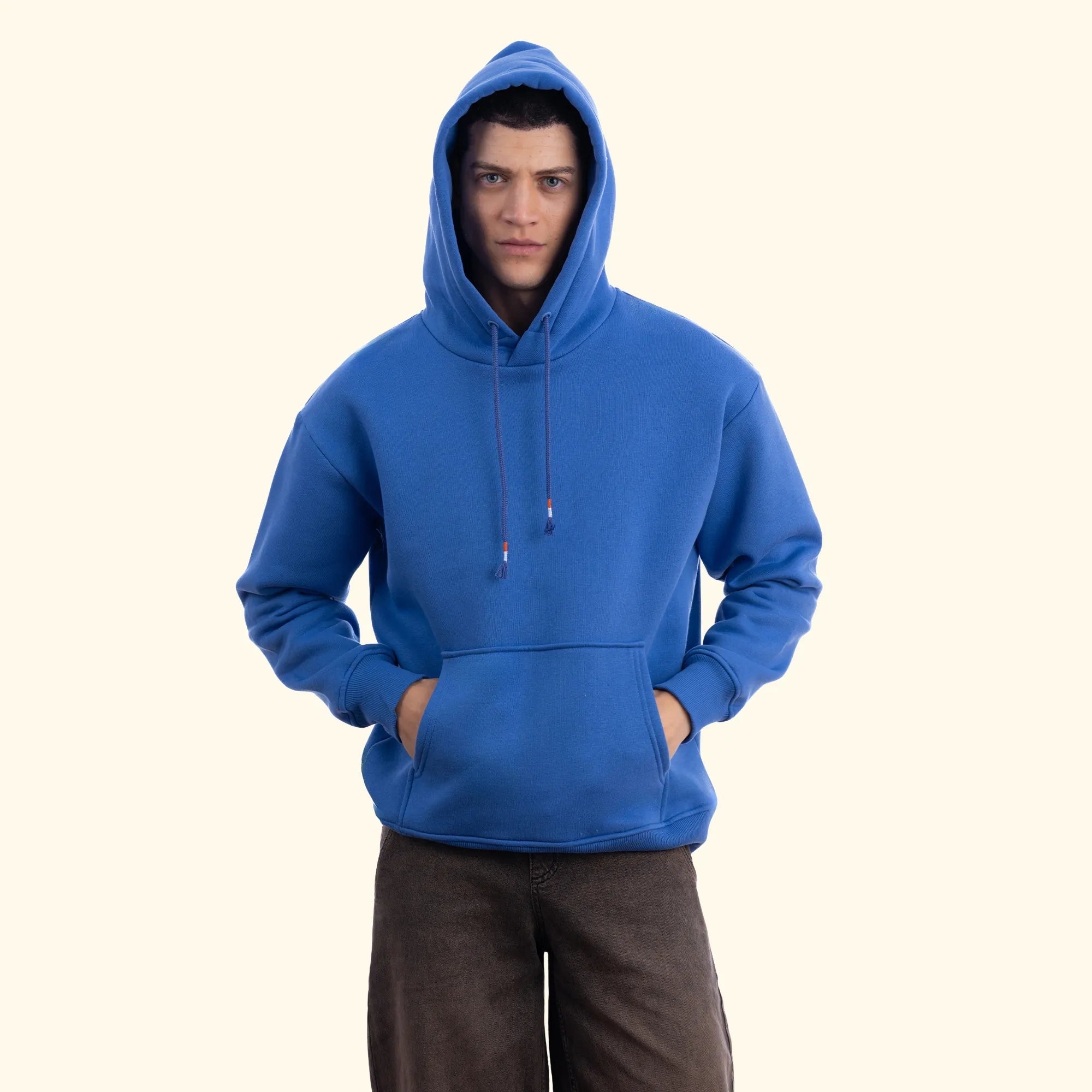 Erkek İndigo Kapüşonlu Kanguru Cepli Basic Sweatshirt Hoodie - 5