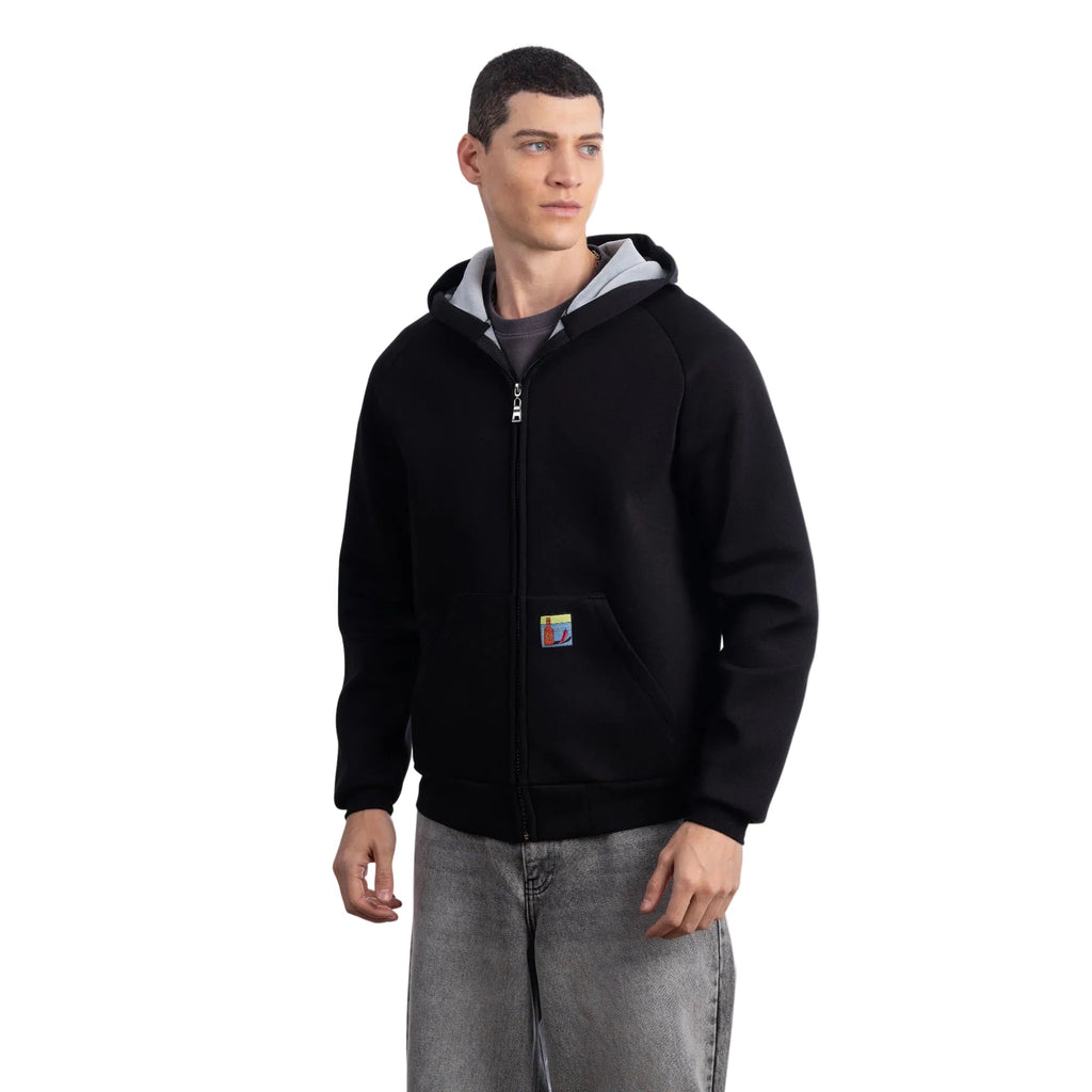 Erkek Siyah Su İtici Kapüşonlu Flok Sweatshirt Ceket - 5