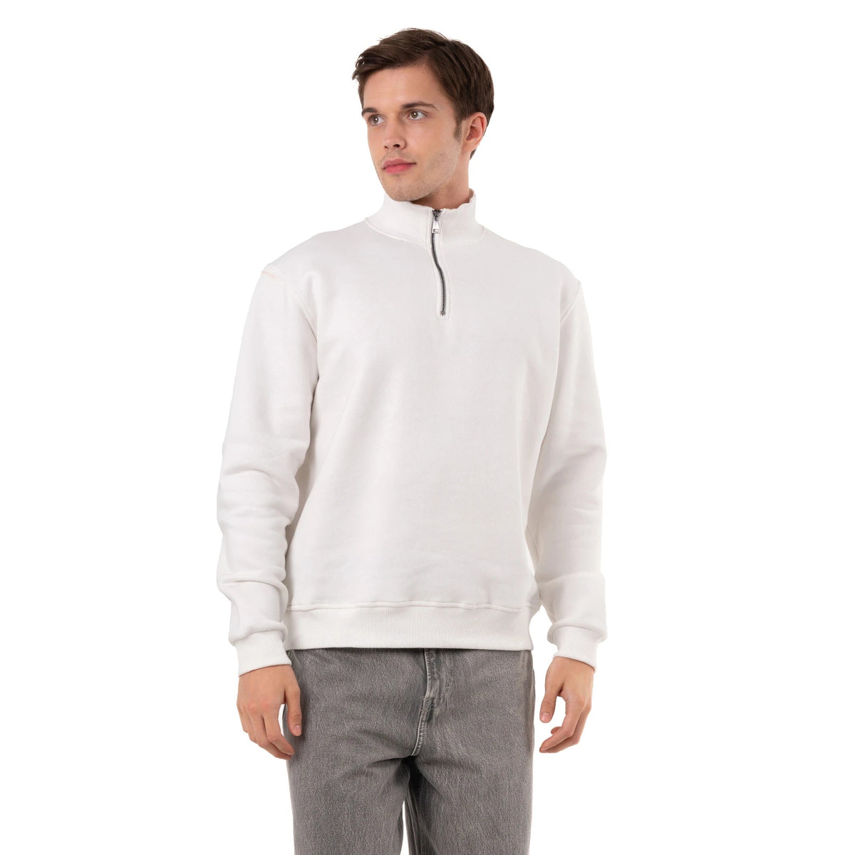 Erkek Yarım Fermuarlı Yakalı Rahat Kalıp Sweatshirt - Ekru