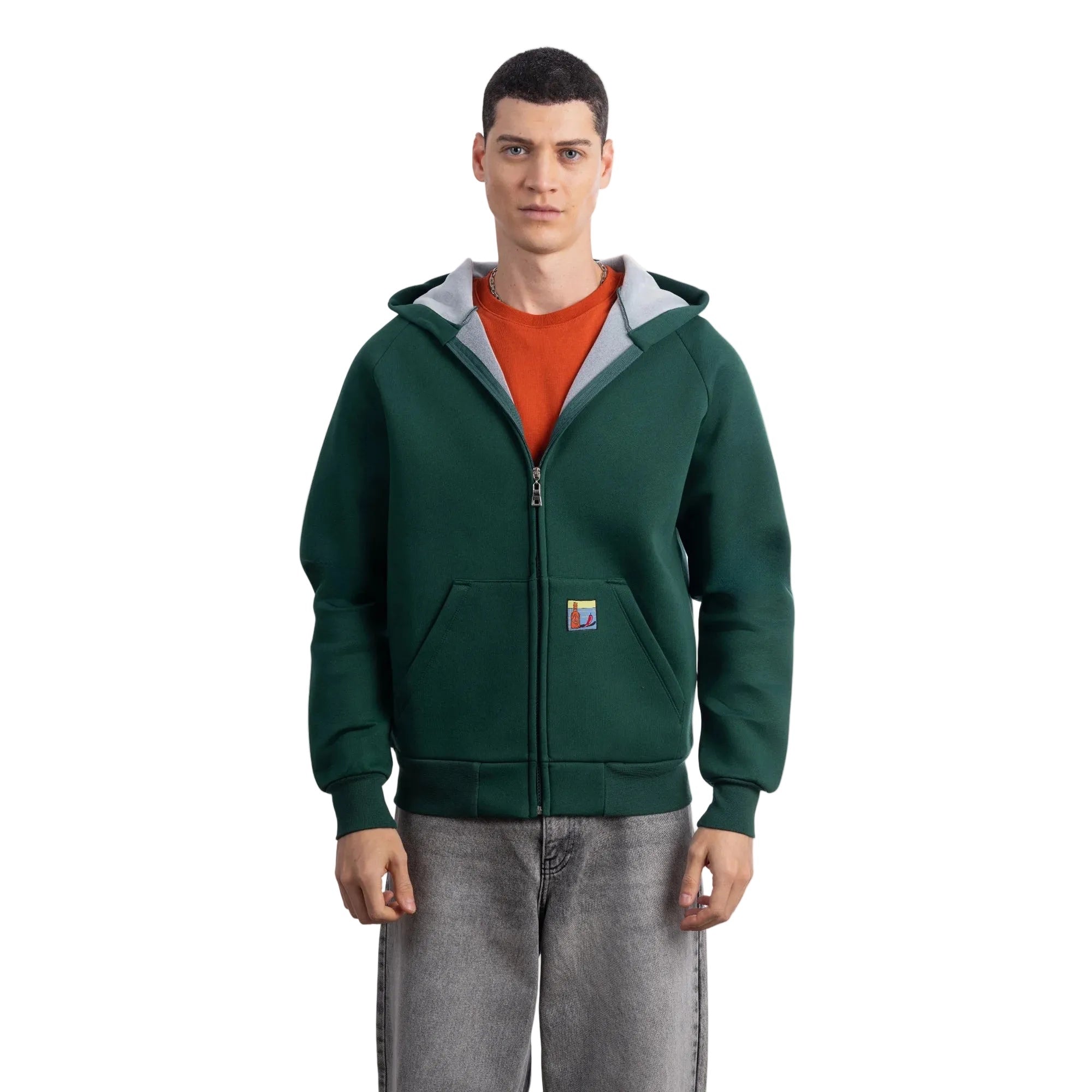 Erkek Yeşil Su İtici Kapüşonlu Flok Sweatshirt Ceket