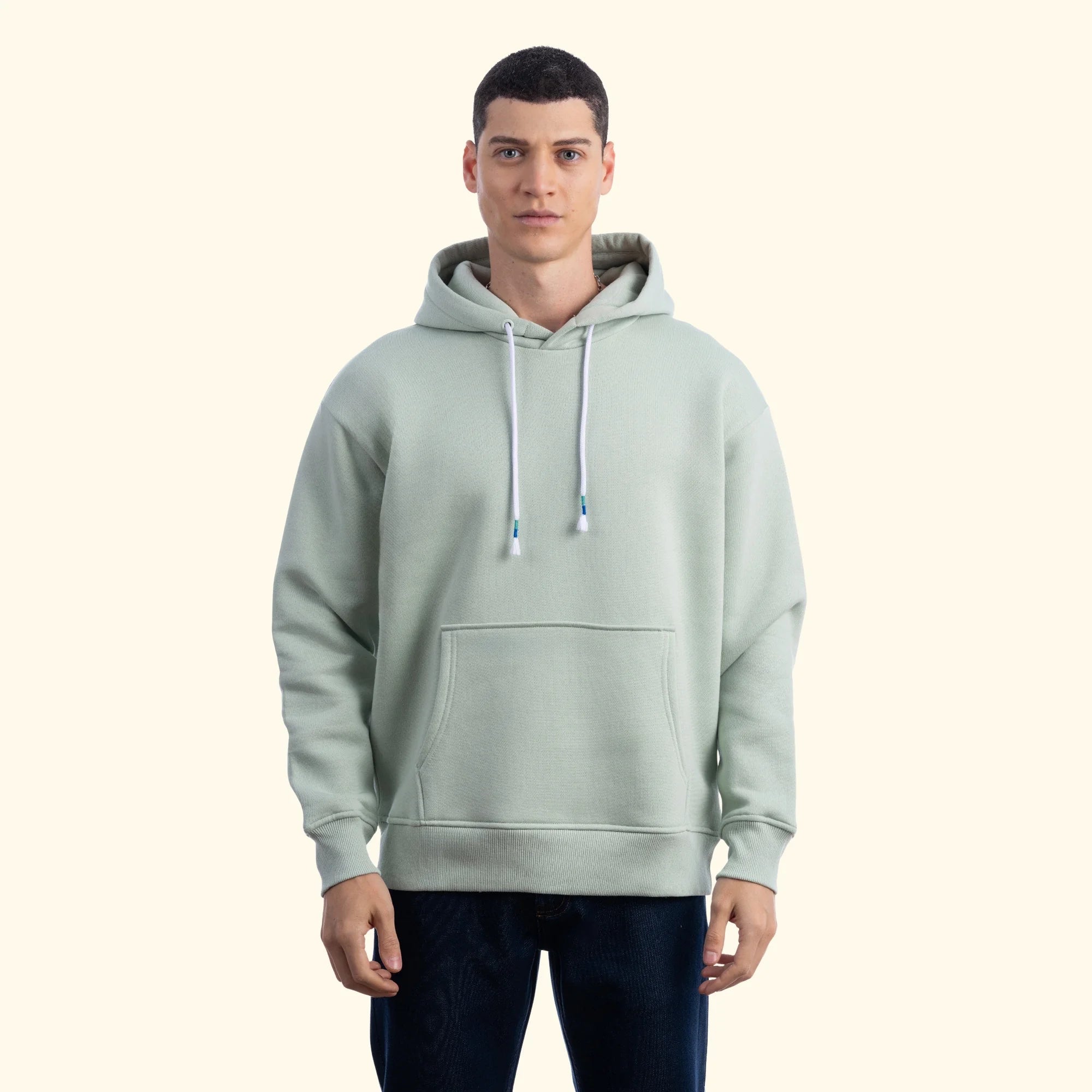 Erkek Su Yeşili Kapüşonlu Kanguru Cepli Basic Sweatshirt Hoodie - 4