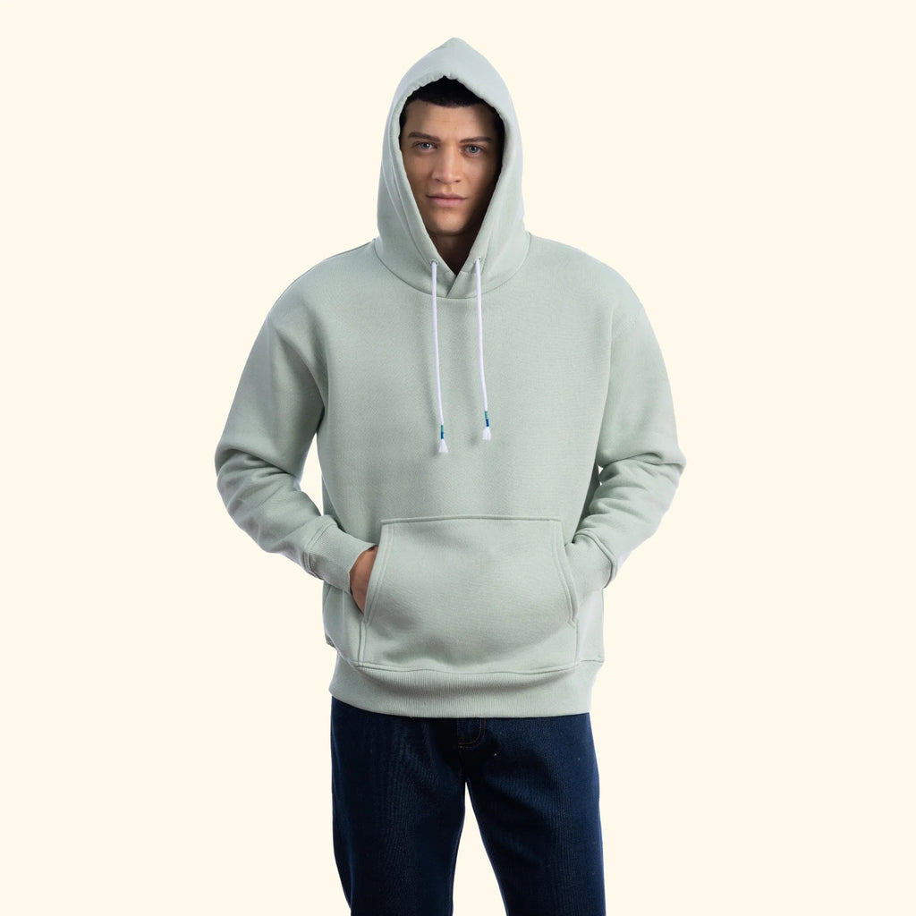Erkek Su Yeşili Kapüşonlu Kanguru Cepli Basic Sweatshirt Hoodie - 5