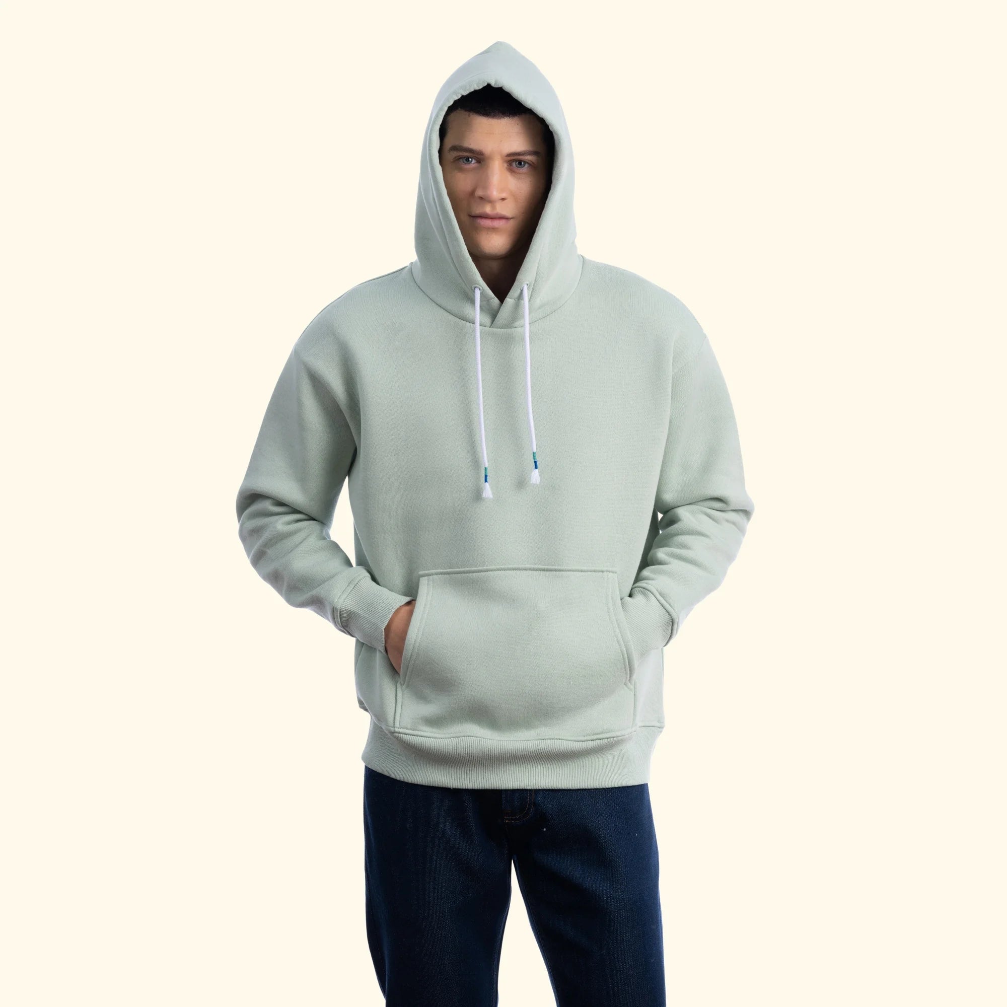 Erkek Su Yeşili Kapüşonlu Kanguru Cepli Basic Sweatshirt Hoodie - 5