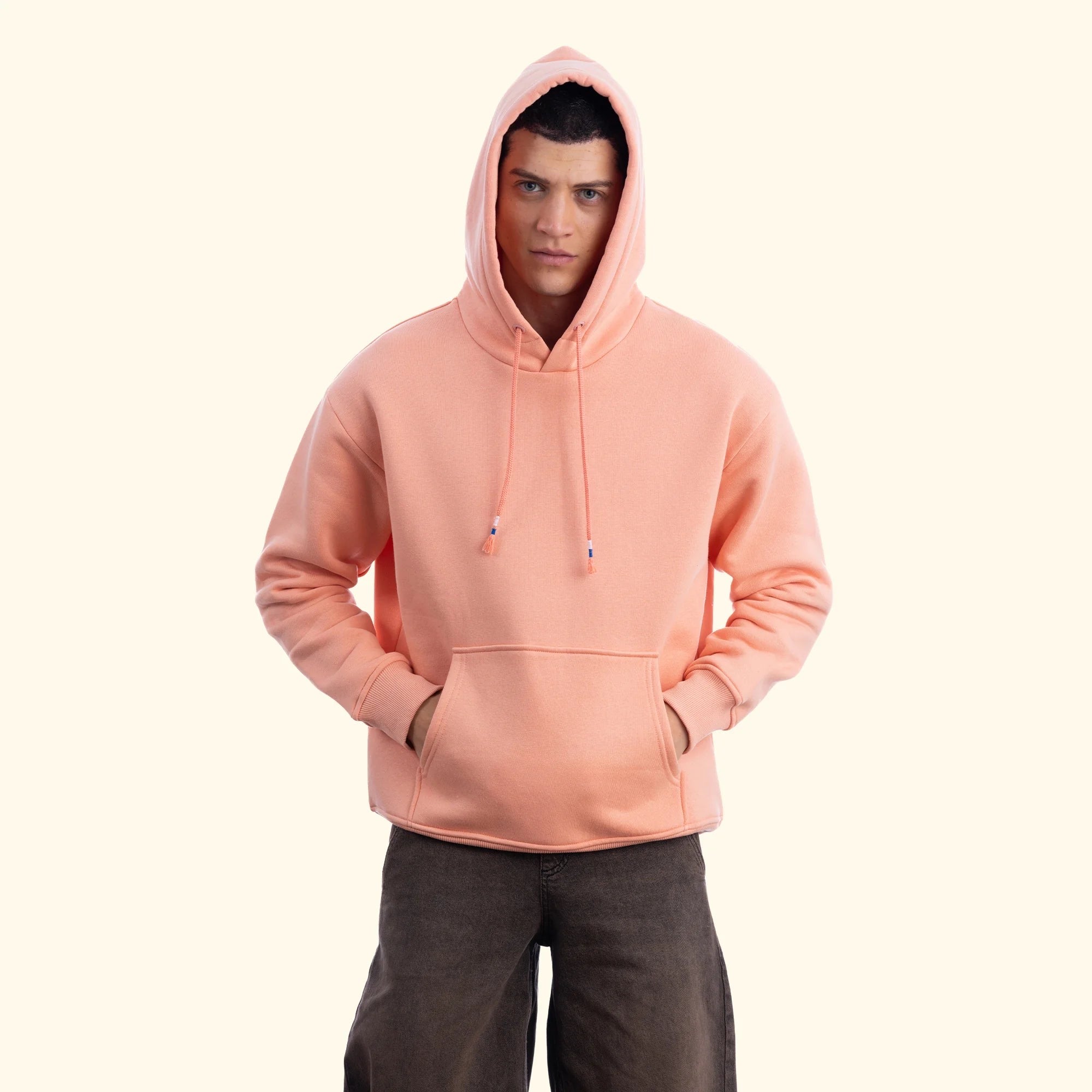 Erkek Somon Kapüşonlu Kanguru Cepli Basic Sweatshirt Hoodie - 2