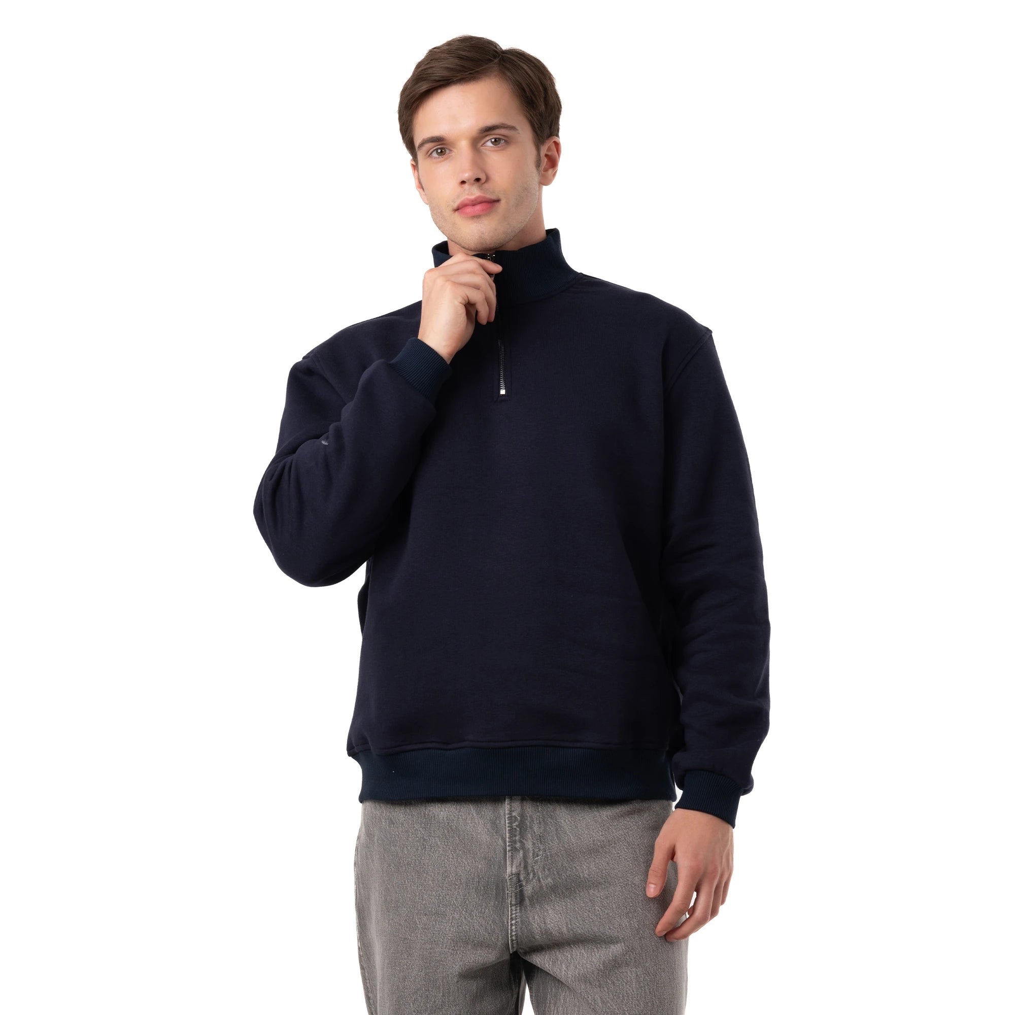 Erkek Lacivert Yarım Fermuarlı Yakalı Rahat Kalıp Sweatshirt - 5