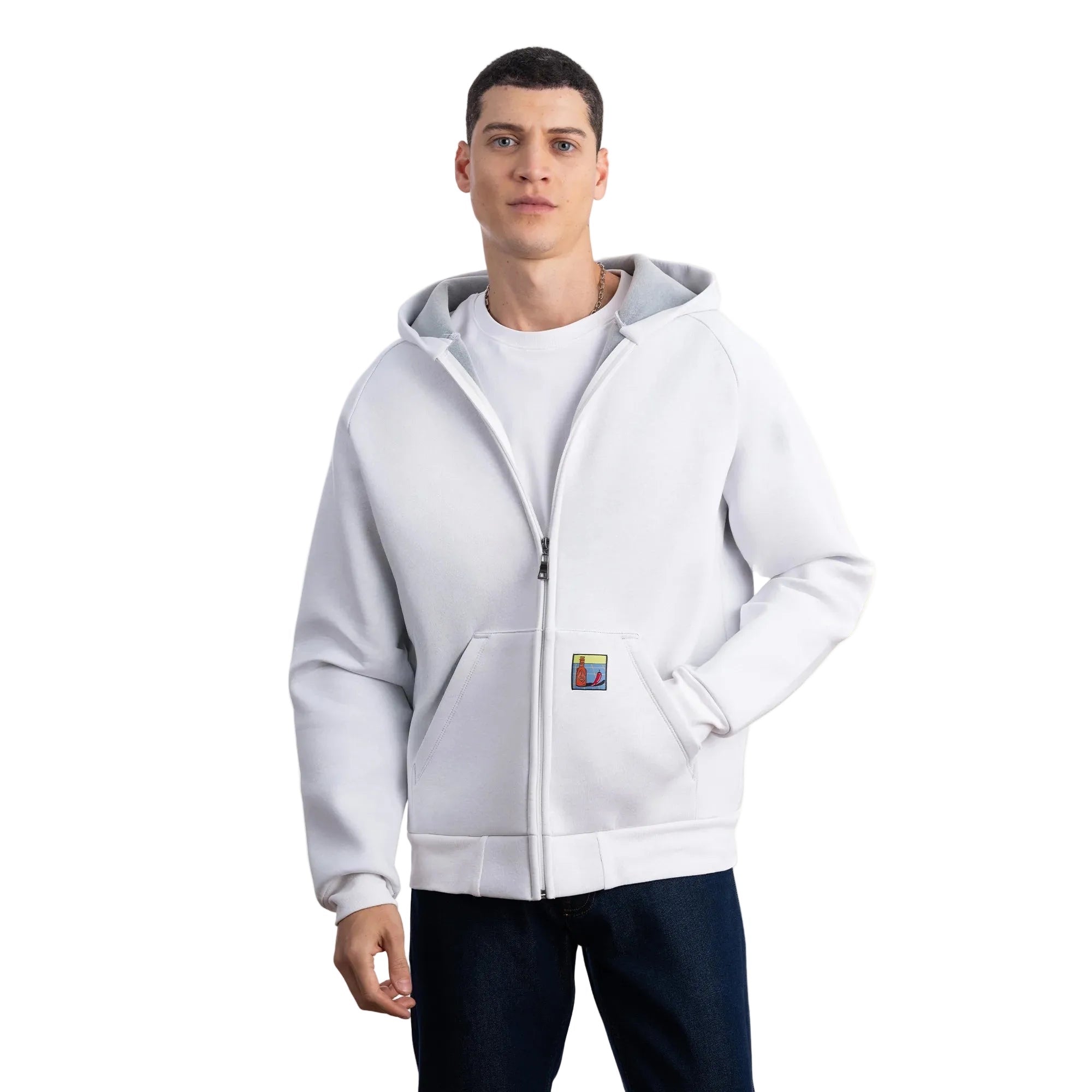 Erkek Ekru Su İtici Kapüşonlu Flok Sweatshirt Ceket - 2
