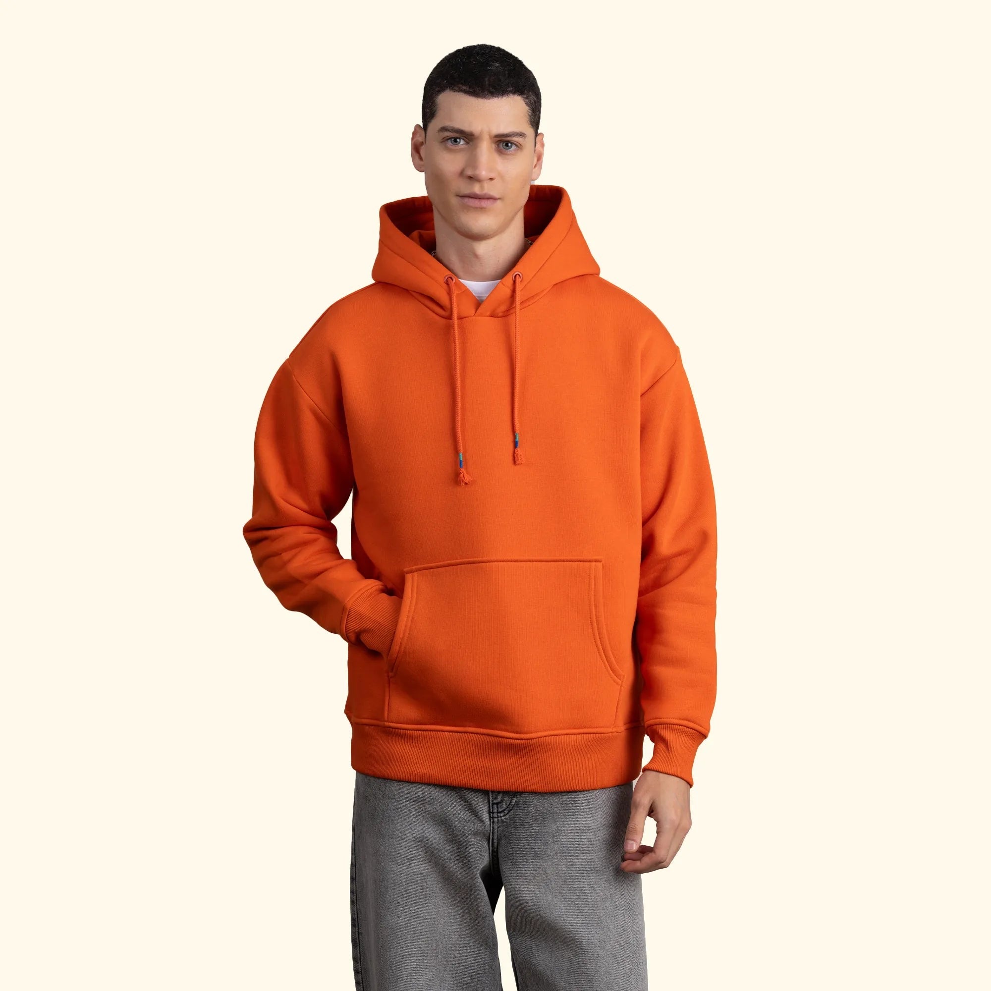 Erkek Turuncu Kapüşonlu Kanguru Cepli Basic Sweatshirt Hoodie