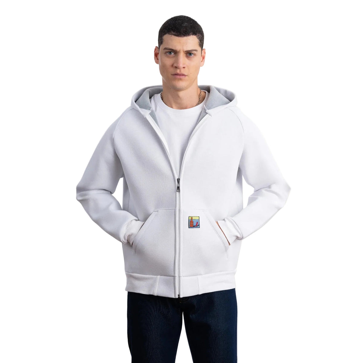 Erkek Su İtici Kapüşonlu Flok Sweatshirt Ceket - Ekru